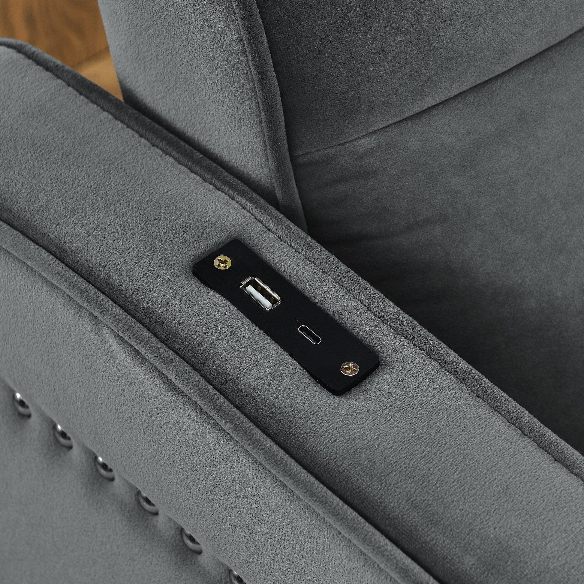 53 Foam Adjustable Loveseat Sofa Bed with Pull-Out Bed, USB/Type-C Charging, Copper Nail Trim, and Arm Storage Pockets