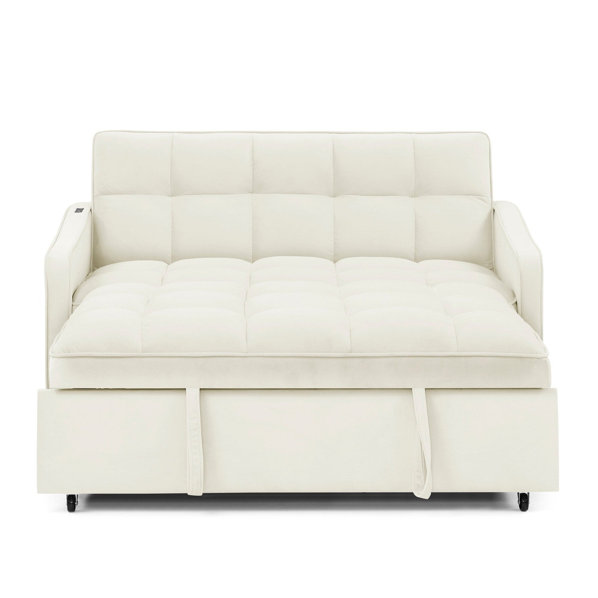 53 Foam Adjustable Loveseat Sofa Bed with Pull-Out Bed, USB/Type-C Charging, Copper Nail Trim, and Arm Storage Pockets