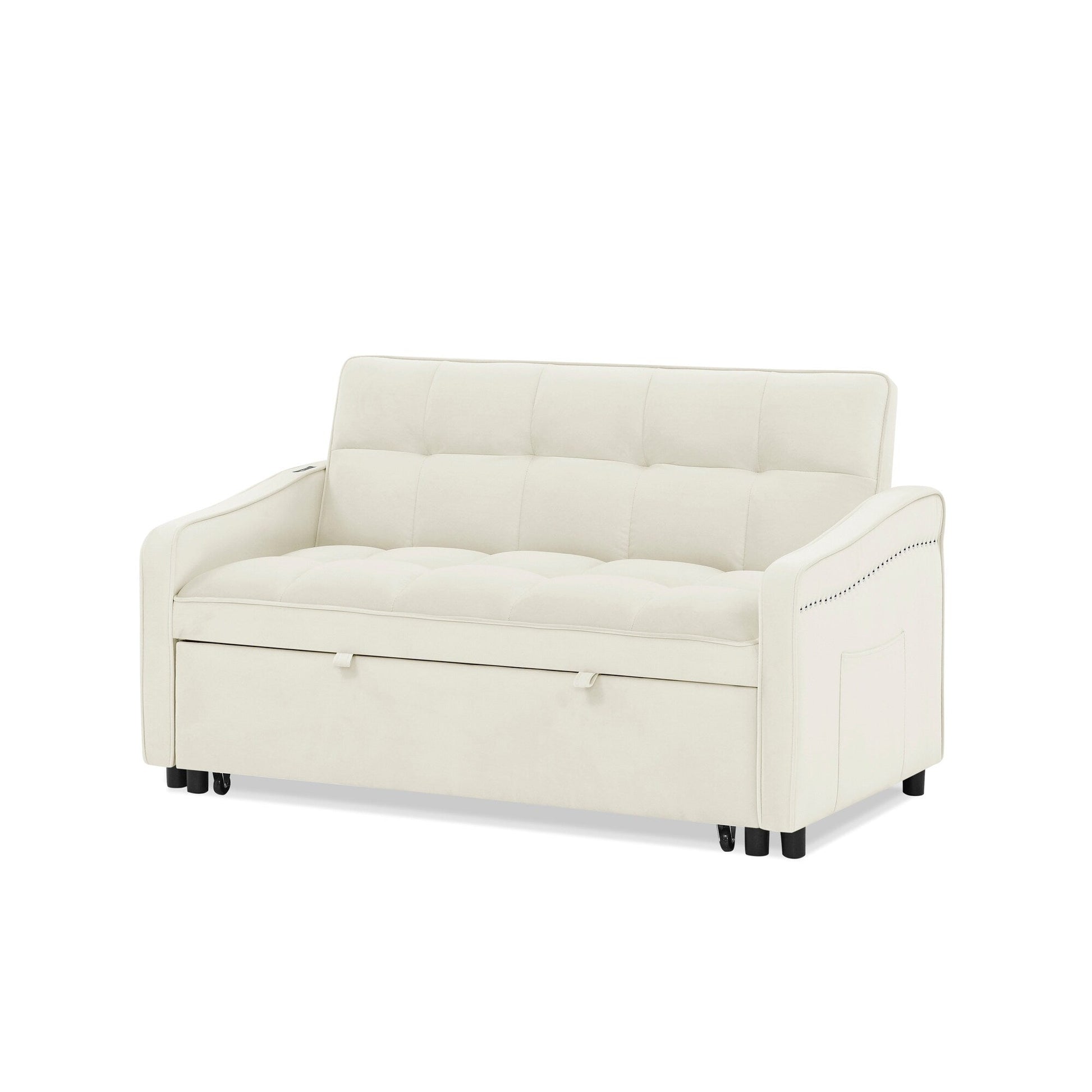 53 Foam Adjustable Loveseat Sofa Bed with Pull-Out Bed, USB/Type-C Charging, Copper Nail Trim, and Arm Storage Pockets
