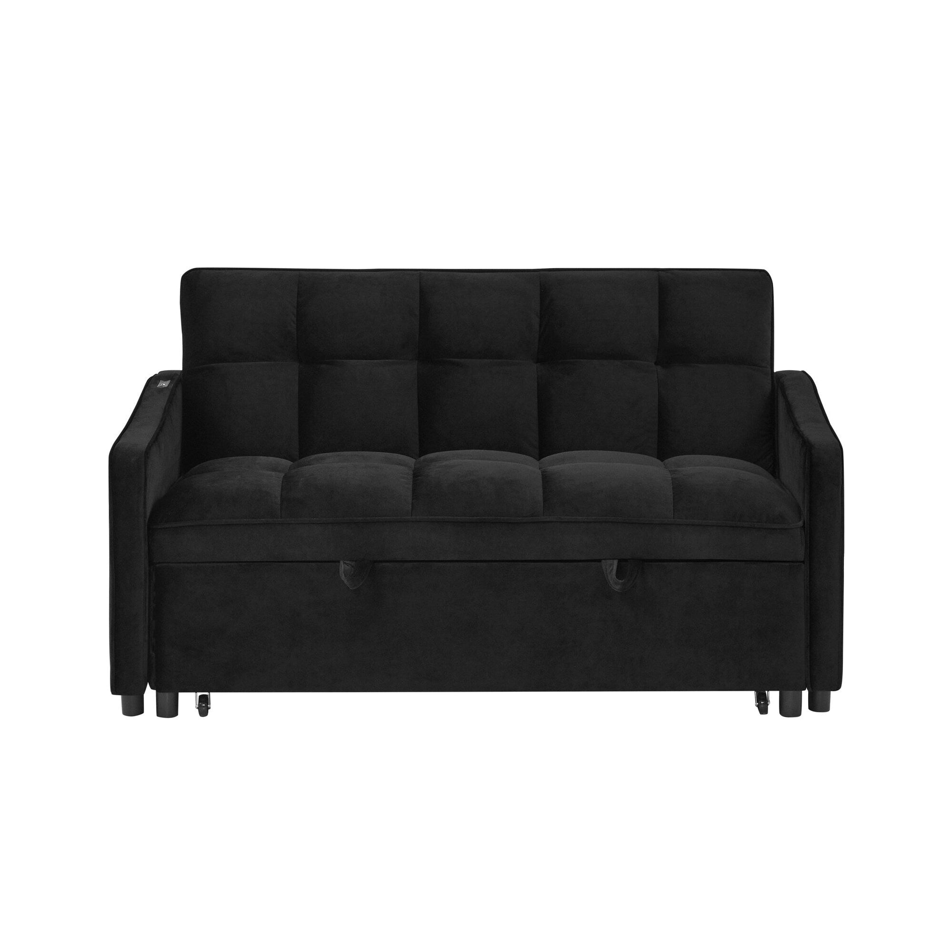53 Foam Adjustable Loveseat Sofa Bed with Pull-Out Bed, USB/Type-C Charging, Copper Nail Trim, and Arm Storage Pockets