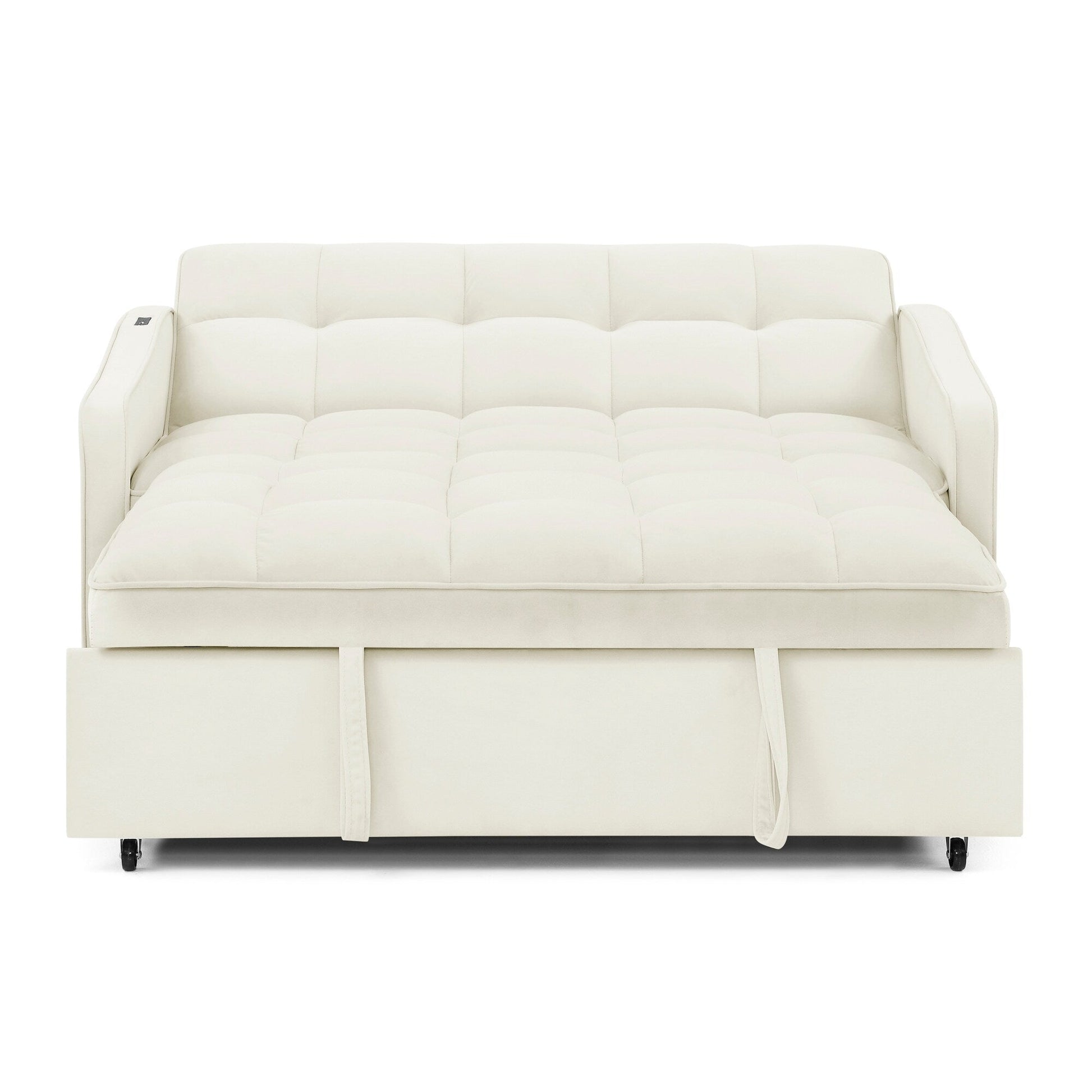 53 Foam Adjustable Loveseat Sofa Bed with Pull-Out Bed, USB/Type-C Charging, Copper Nail Trim, and Arm Storage Pockets