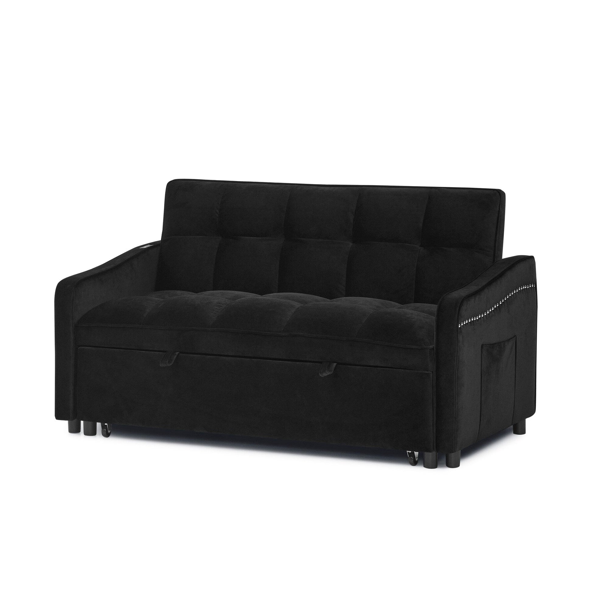 53 Foam Adjustable Loveseat Sofa Bed with Pull-Out Bed, USB/Type-C Charging, Copper Nail Trim, and Arm Storage Pockets