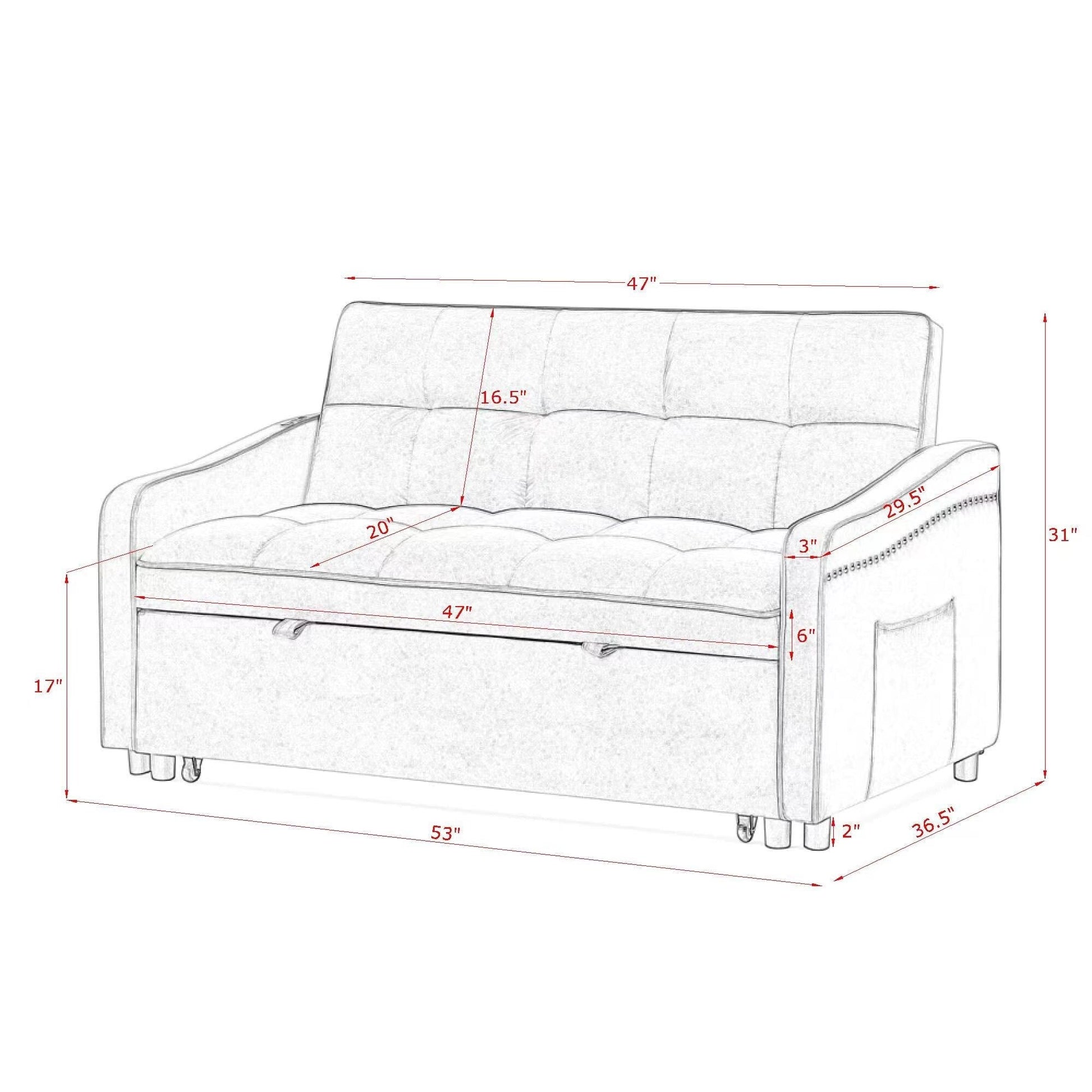 53 Foam Adjustable Loveseat Sofa Bed with Pull-Out Bed, USB/Type-C Charging, Copper Nail Trim, and Arm Storage Pockets