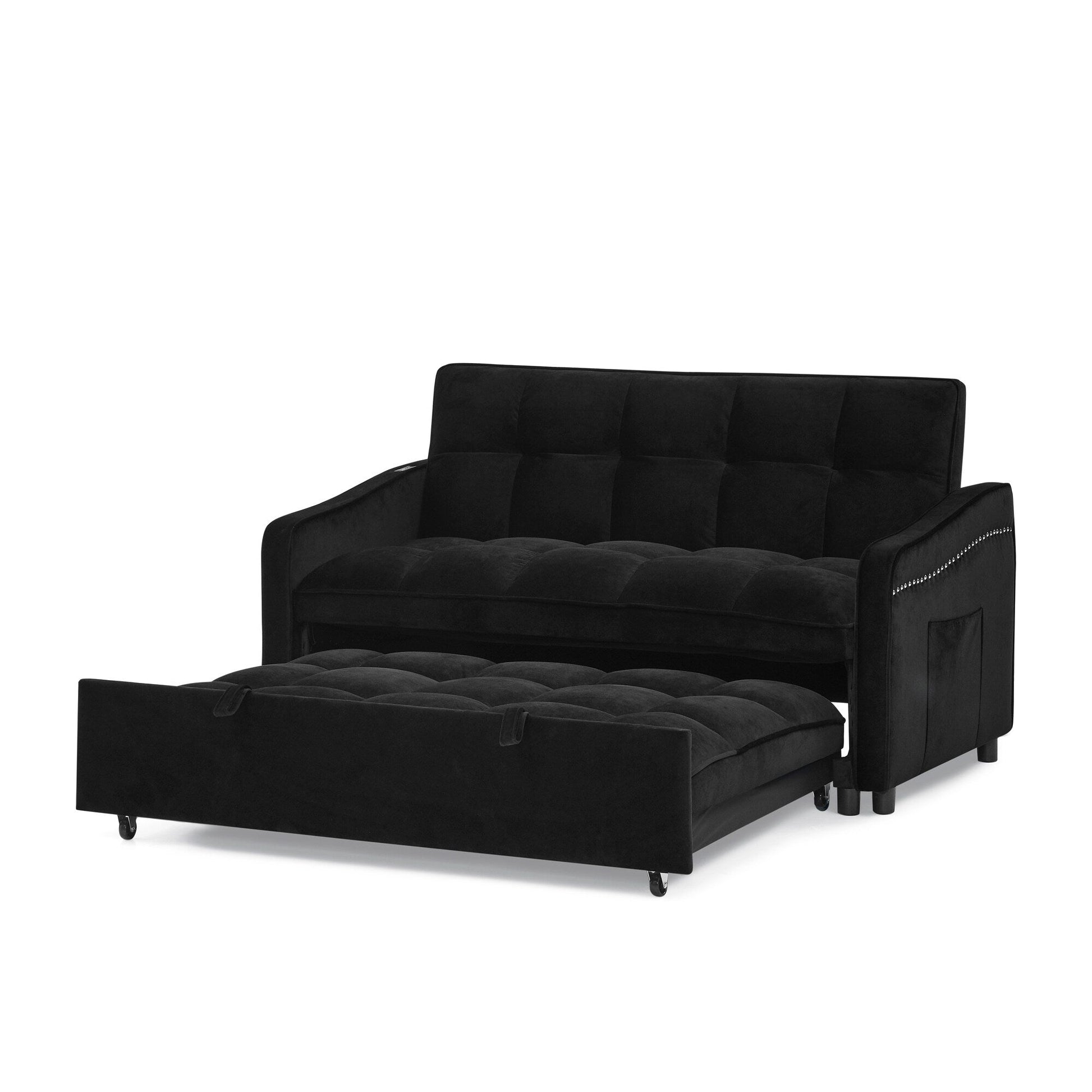 53 Foam Adjustable Loveseat Sofa Bed with Pull-Out Bed, USB/Type-C Charging, Copper Nail Trim, and Arm Storage Pockets