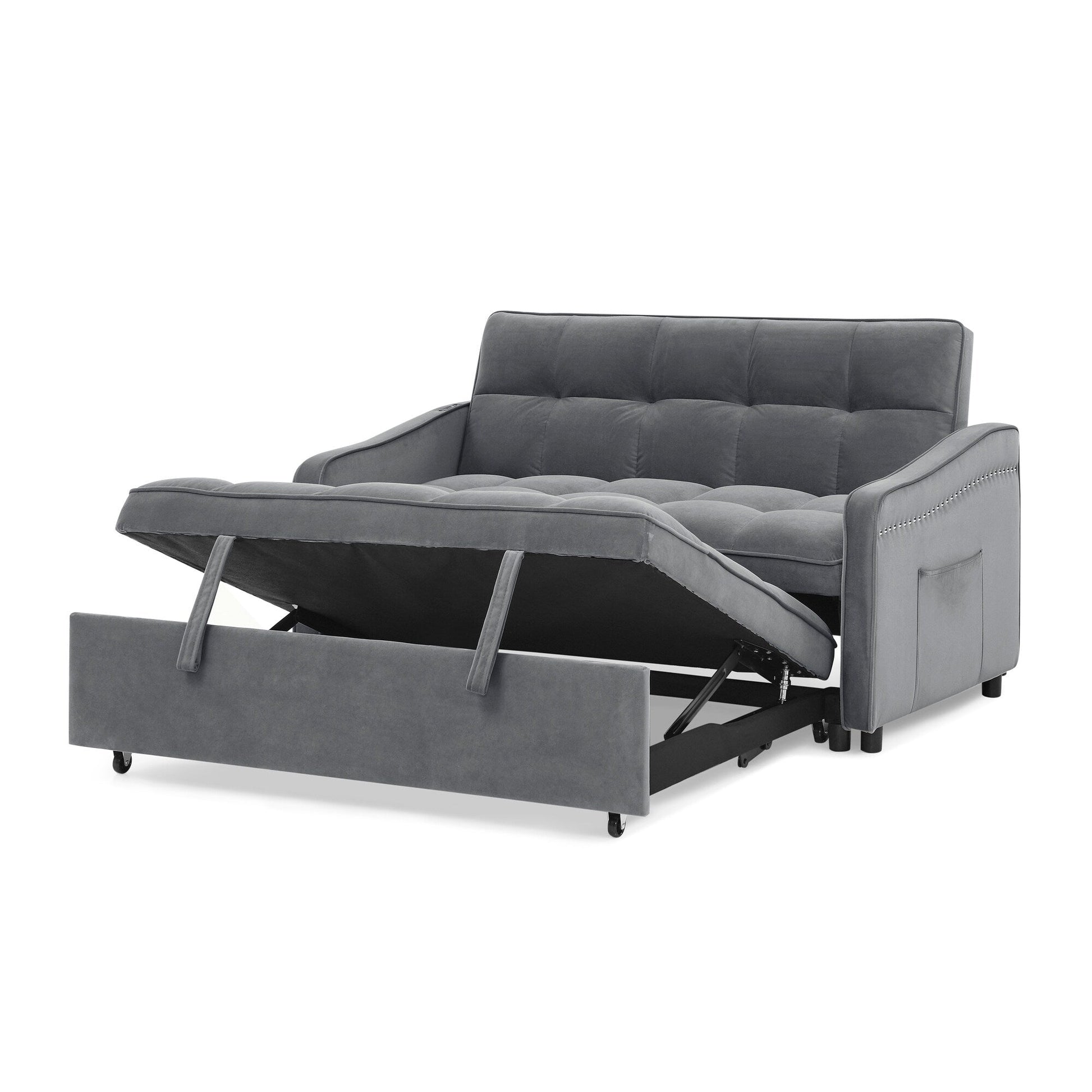 53 Foam Adjustable Loveseat Sofa Bed with Pull-Out Bed, USB/Type-C Charging, Copper Nail Trim, and Arm Storage Pockets