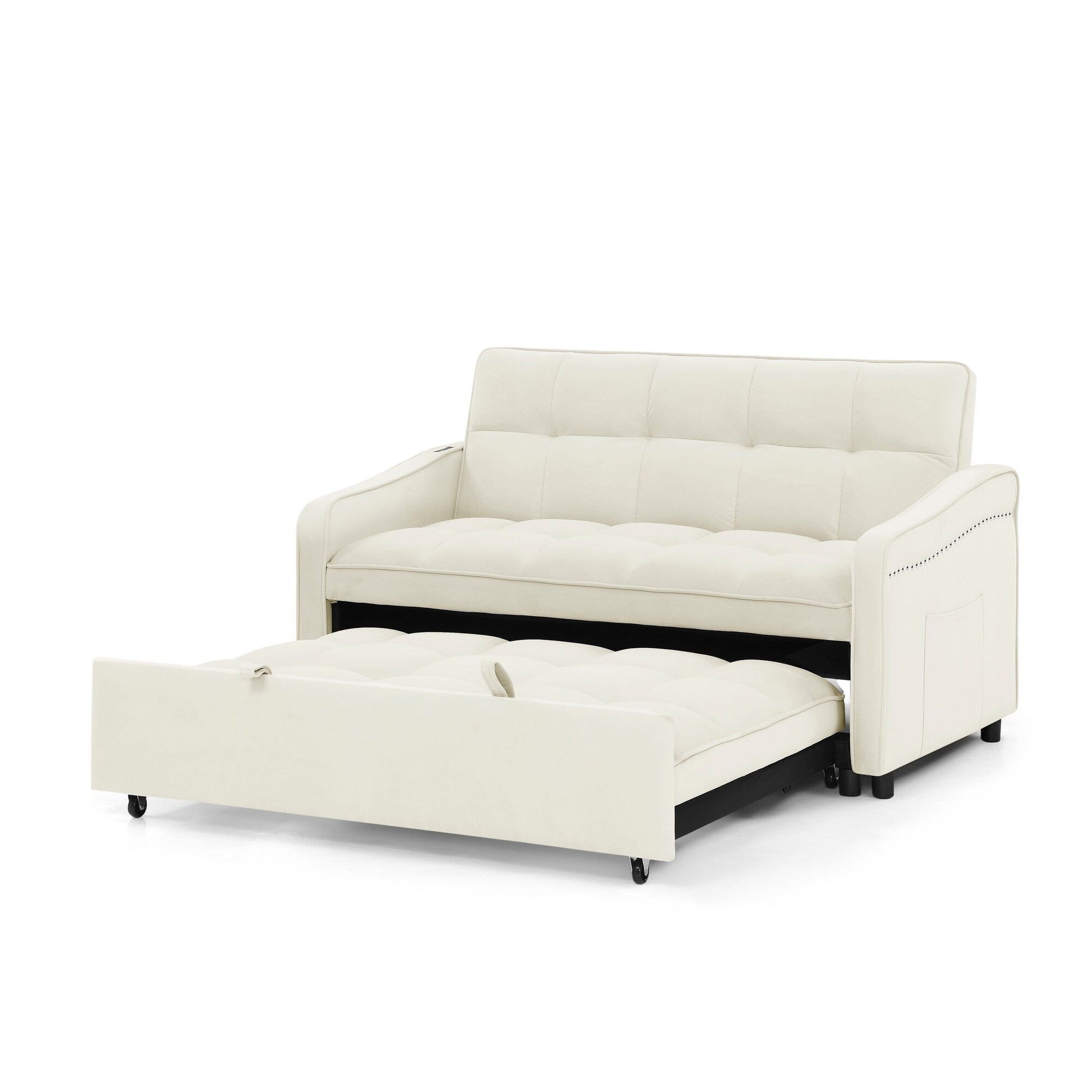 53 Foam Adjustable Loveseat Sofa Bed with Pull-Out Bed, USB/Type-C Charging, Copper Nail Trim, and Arm Storage Pockets