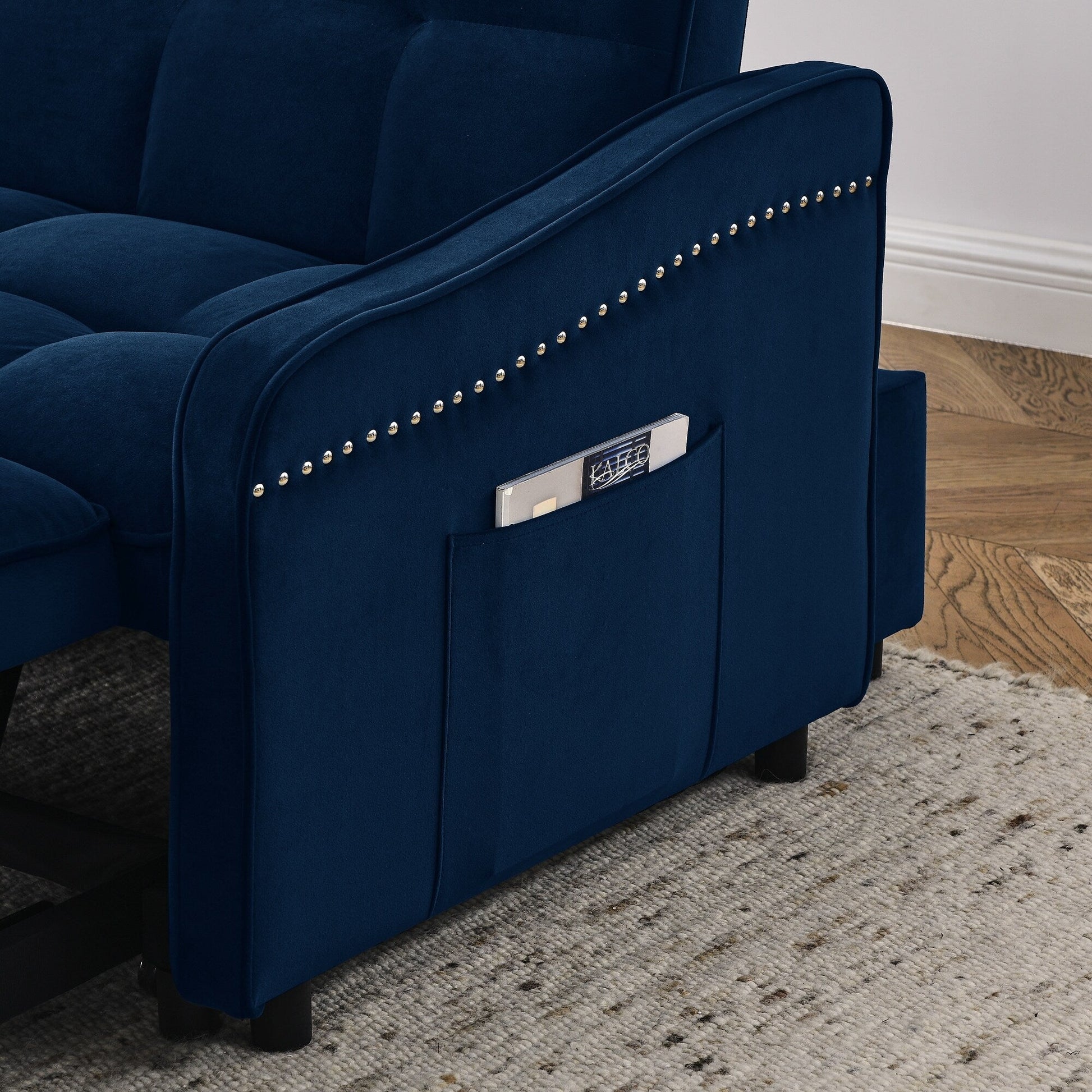53 Foam Adjustable Loveseat Sofa Bed with Pull-Out Bed, USB/Type-C Charging, Copper Nail Trim, and Arm Storage Pockets