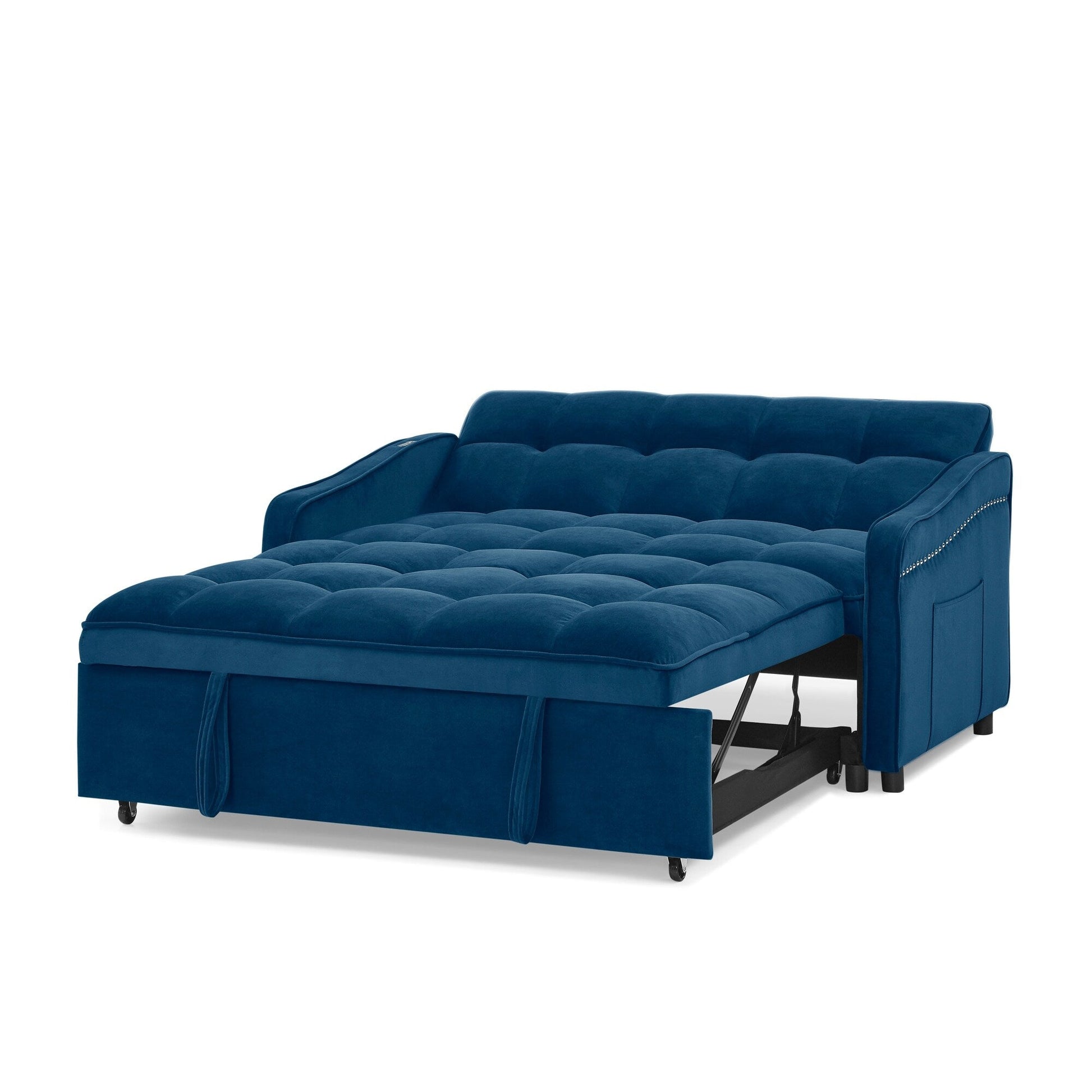 53 Foam Adjustable Loveseat Sofa Bed with Pull-Out Bed, USB/Type-C Charging, Copper Nail Trim, and Arm Storage Pockets