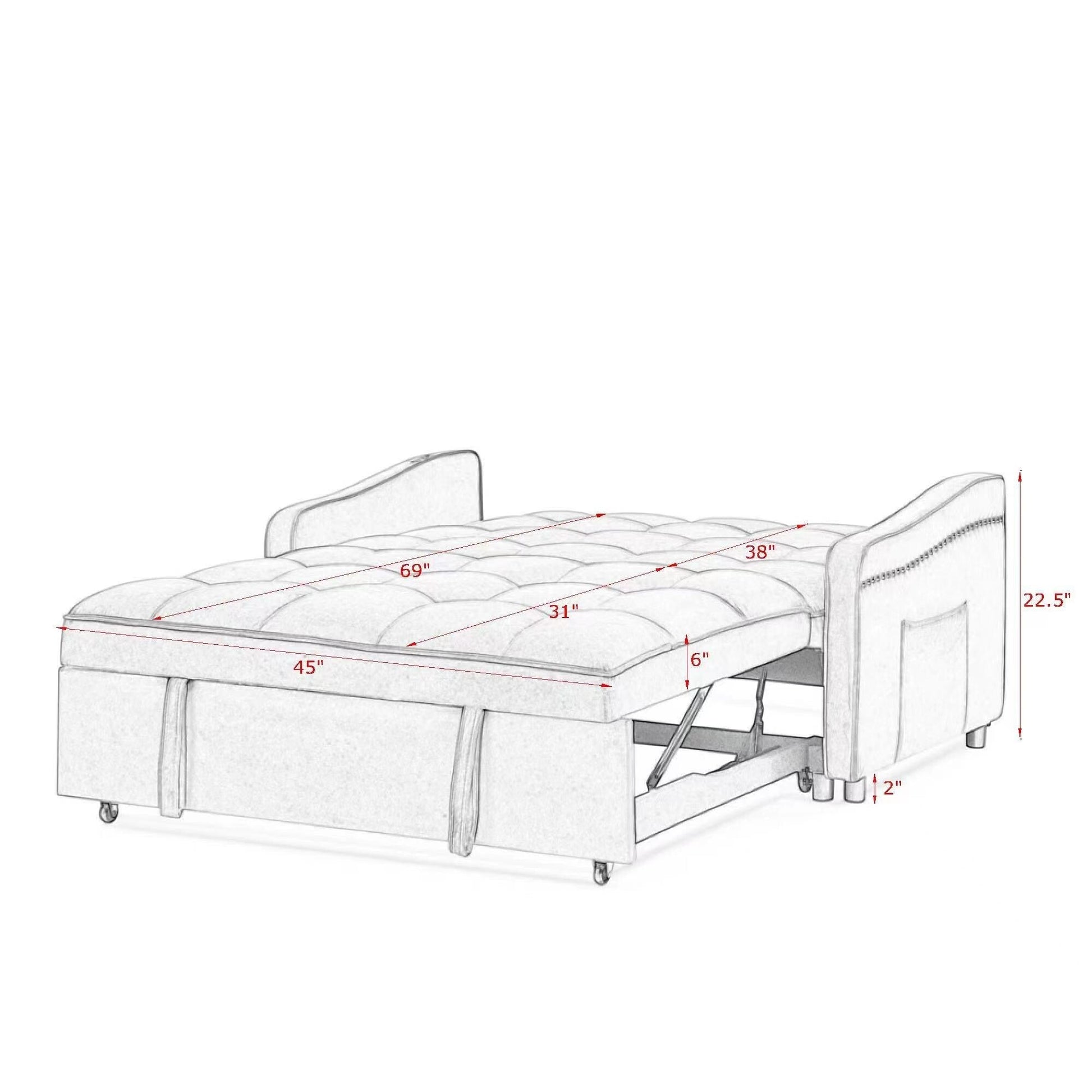 53 Foam Adjustable Loveseat Sofa Bed with Pull-Out Bed, USB/Type-C Charging, Copper Nail Trim, and Arm Storage Pockets