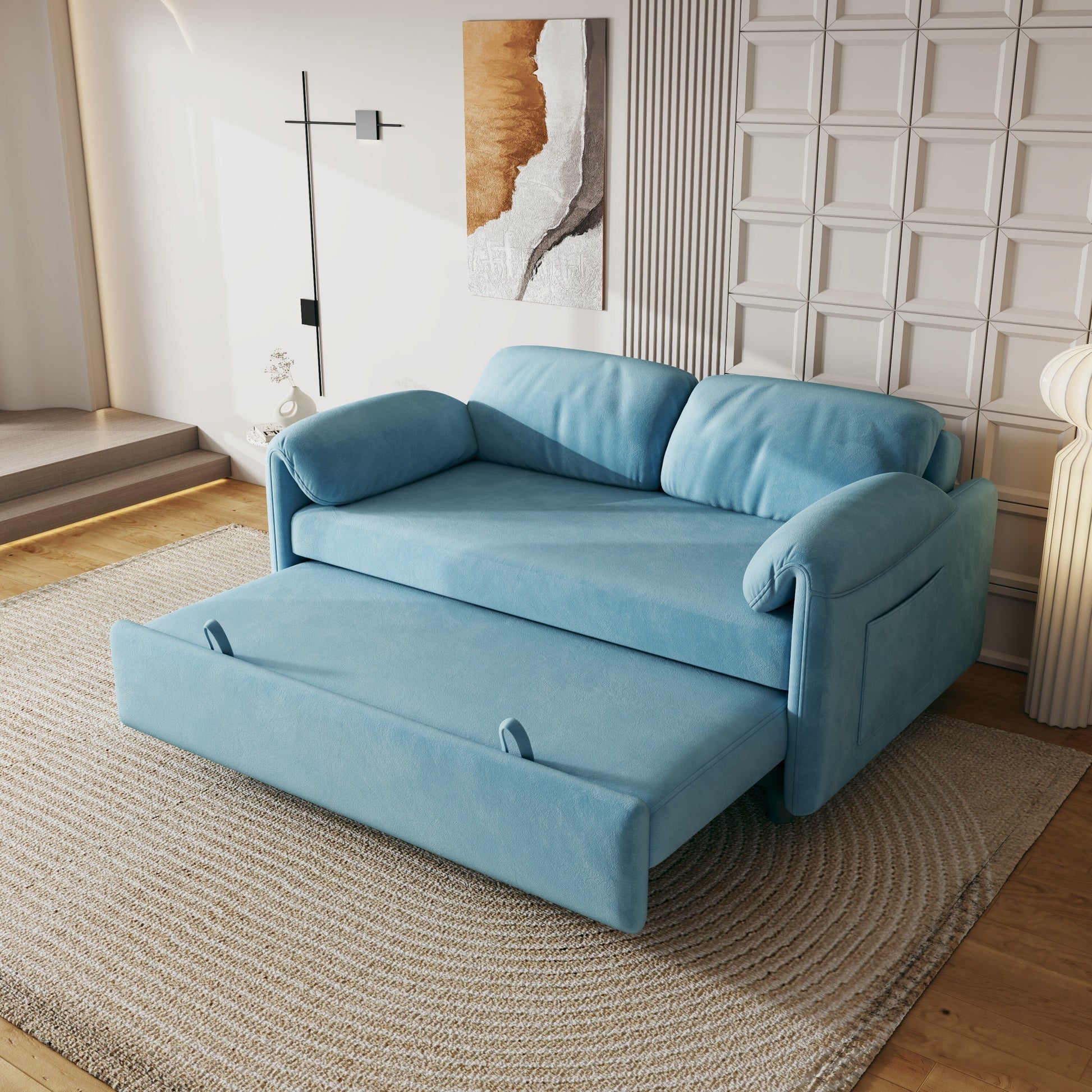 54-Inch Velvet Sofa Bed - Multi-Purpose Design with Retractable Queen Bed and Armrest Storage