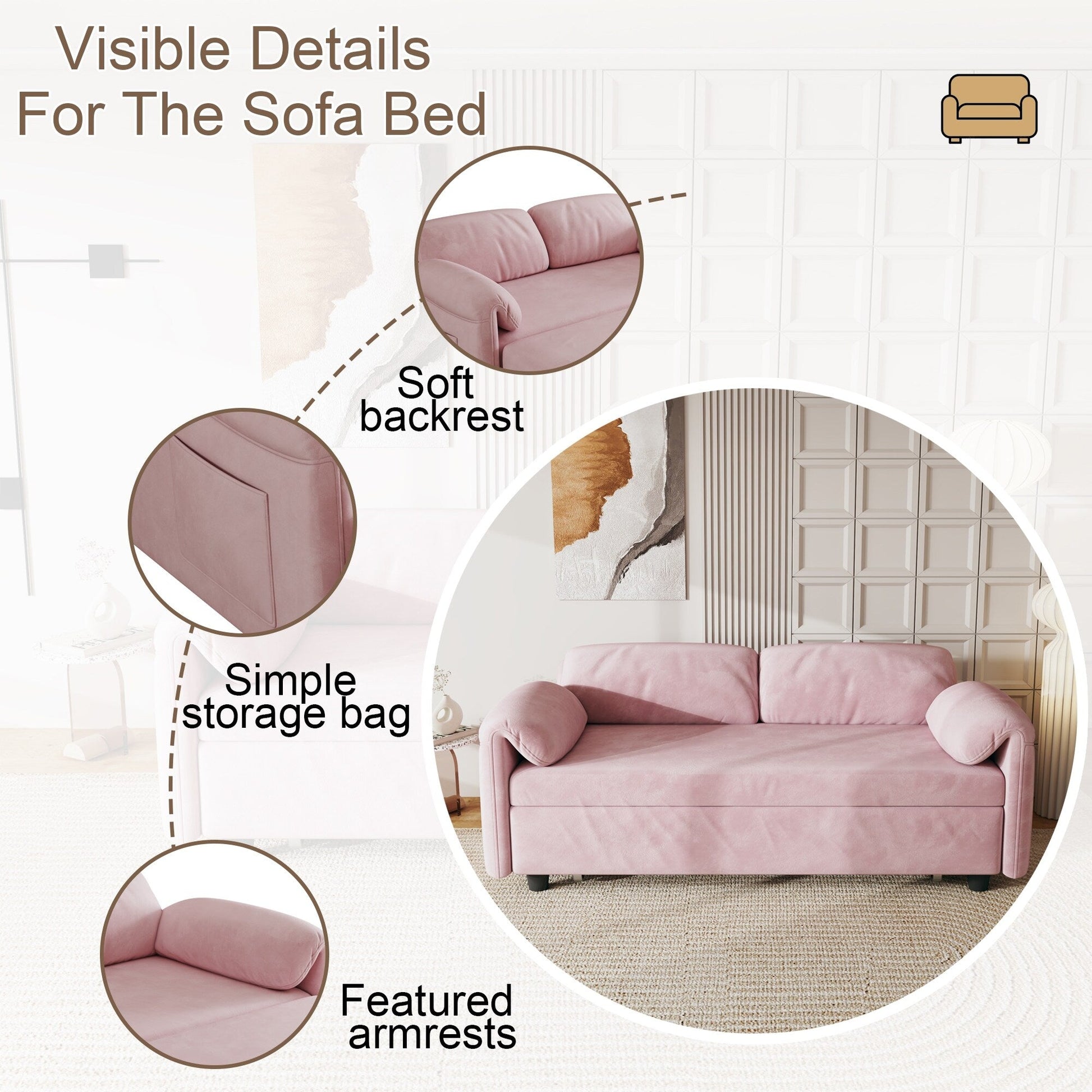 54-Inch Velvet Sofa Bed - Multi-Purpose Design with Retractable Queen Bed and Armrest Storage
