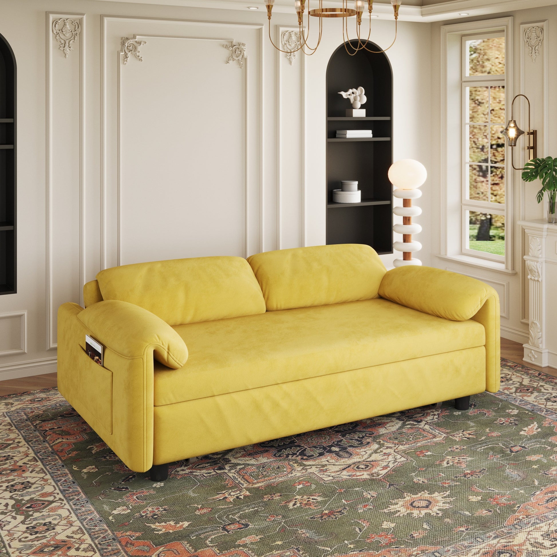 54-Inch Velvet Sofa Bed - Multi-Purpose Design with Retractable Queen Bed and Armrest Storage