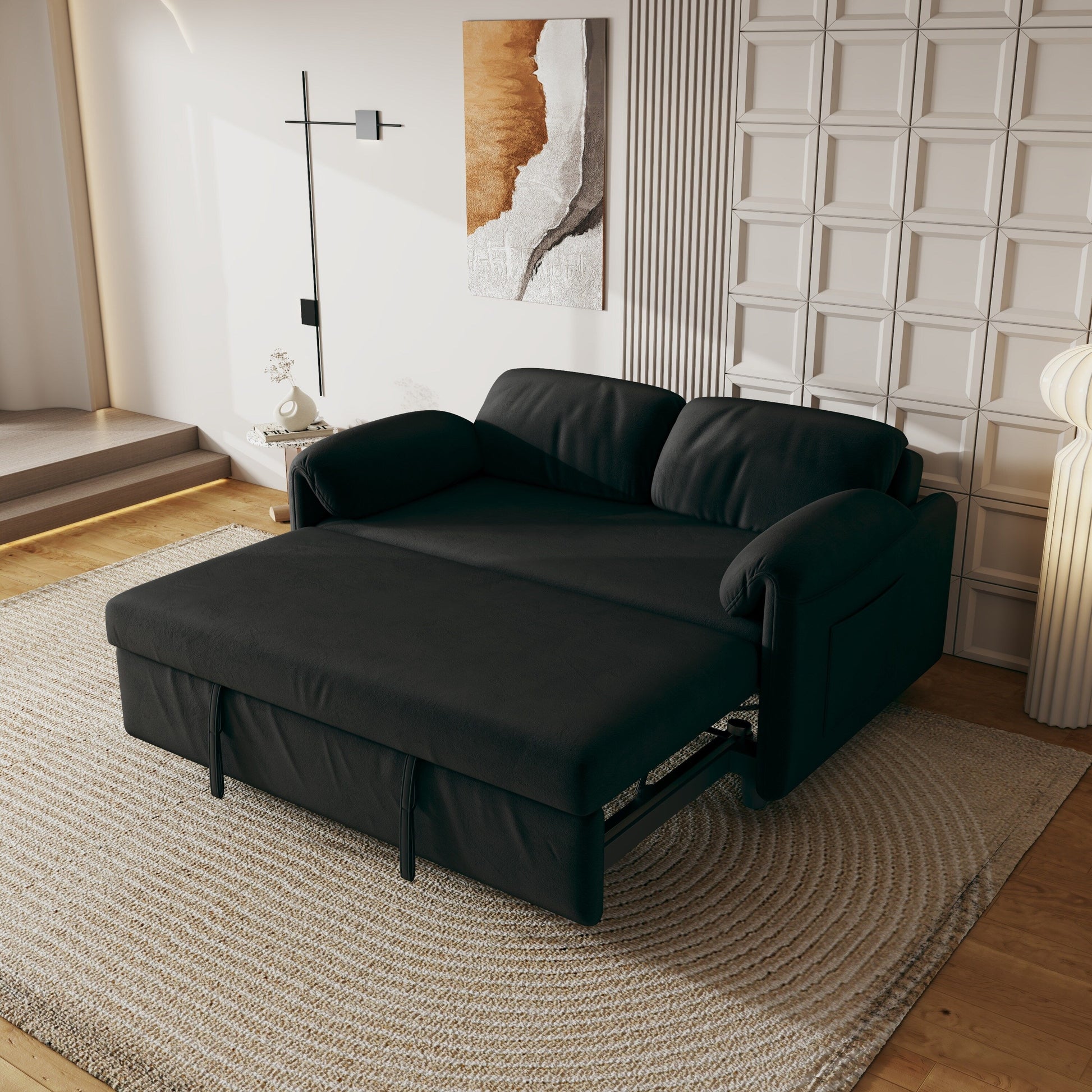 54-Inch Velvet Sofa Bed - Multi-Purpose Design with Retractable Queen Bed and Armrest Storage