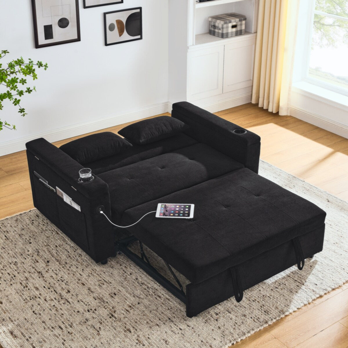 Canapé-lit convertible 54 pouces, double siège, inclinable, avec accoudoirs, rangement et poches latérales, avec prise USB.