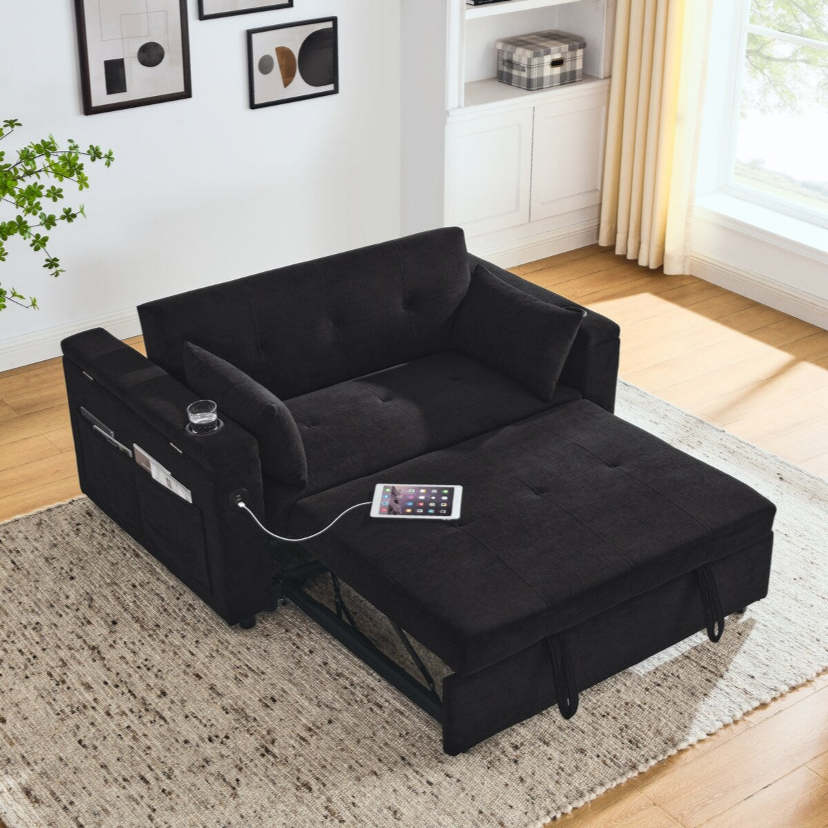 Canapé-lit convertible 54 pouces, double siège, inclinable, avec accoudoirs, rangement et poches latérales, avec prise USB.