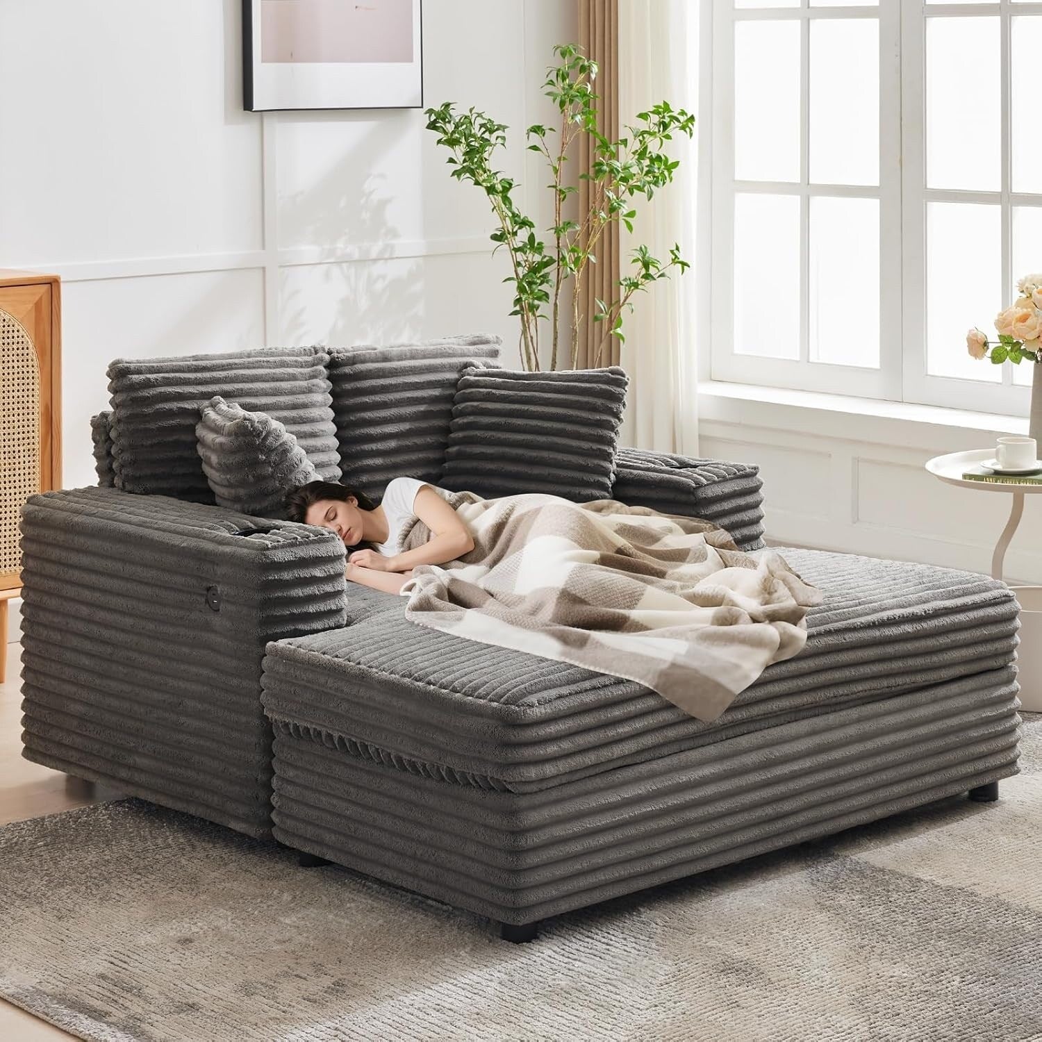 Canapé-lit rembourré de 137 cm avec coussins et accoudoirs, fauteuil de salon surdimensionné confortable en velours côtelé pour intérieur.