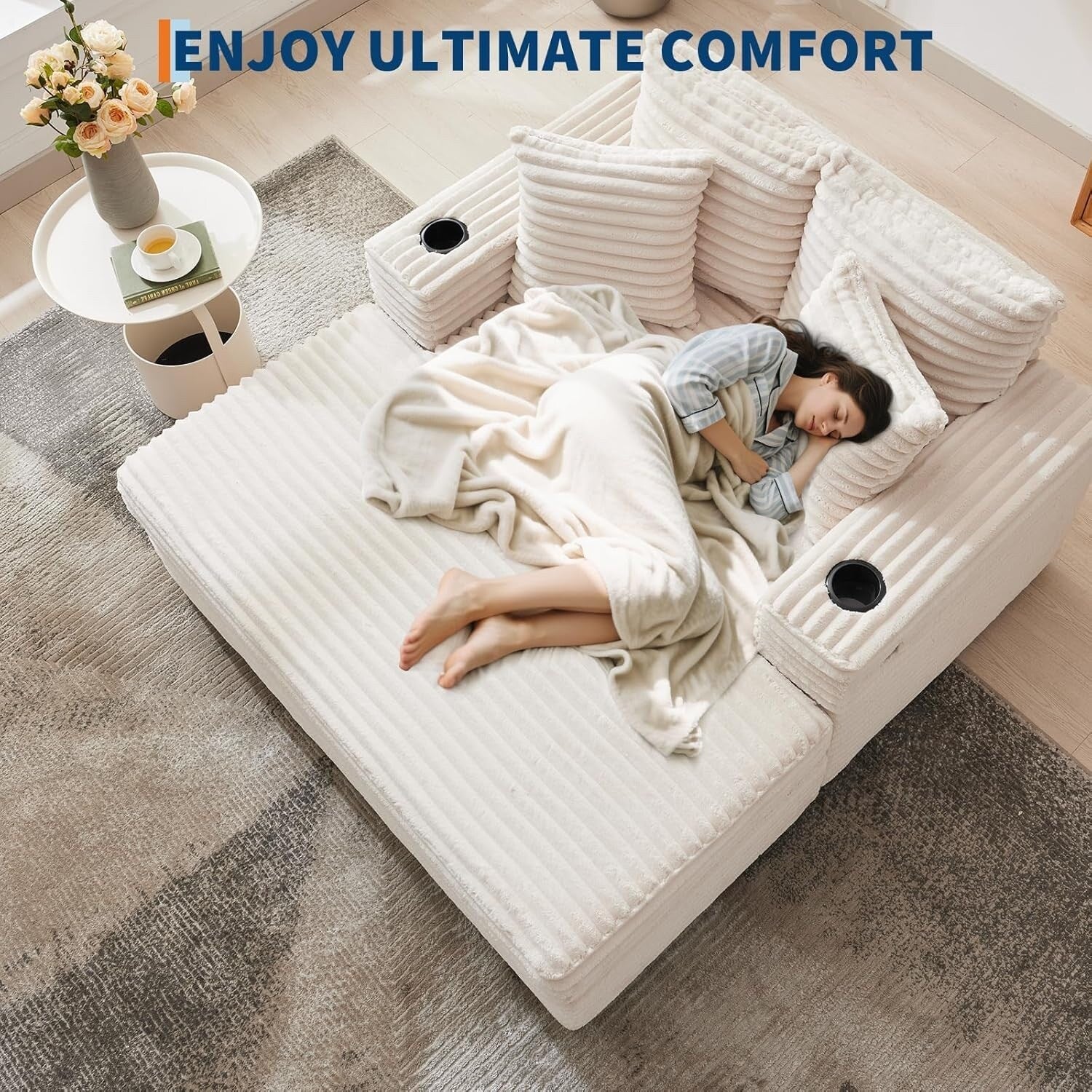 Canapé-lit rembourré de 137 cm avec coussins et accoudoirs, fauteuil de salon surdimensionné confortable en velours côtelé pour intérieur.