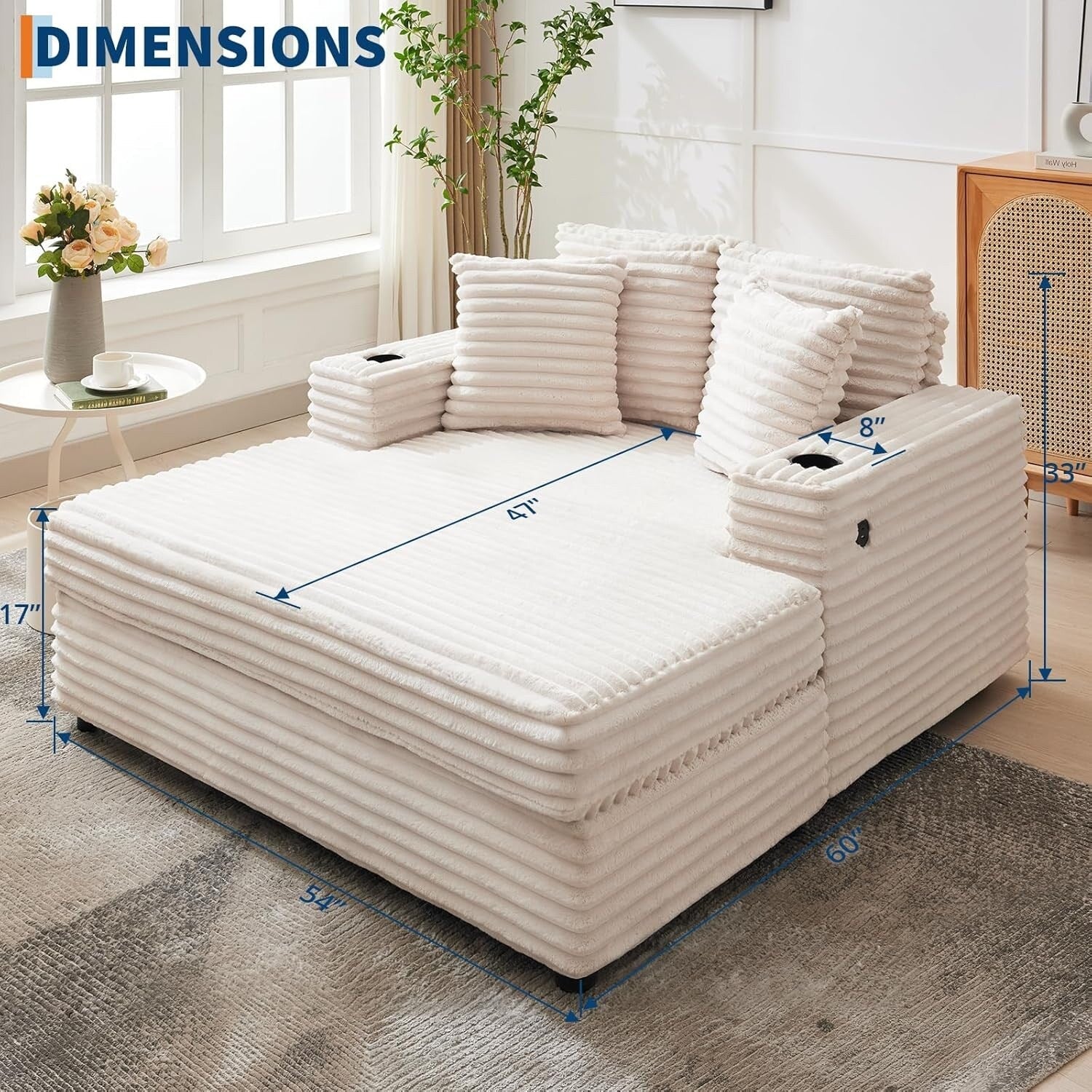 Canapé-lit rembourré de 137 cm avec coussins et accoudoirs, fauteuil de salon surdimensionné confortable en velours côtelé pour intérieur.