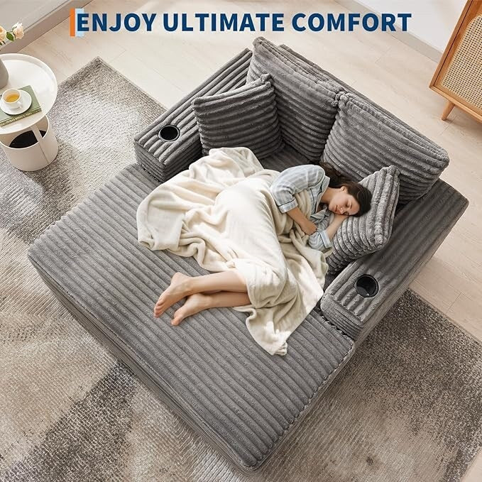Canapé-lit rembourré de 137 cm avec coussins et accoudoirs, fauteuil de salon surdimensionné confortable en velours côtelé pour intérieur.