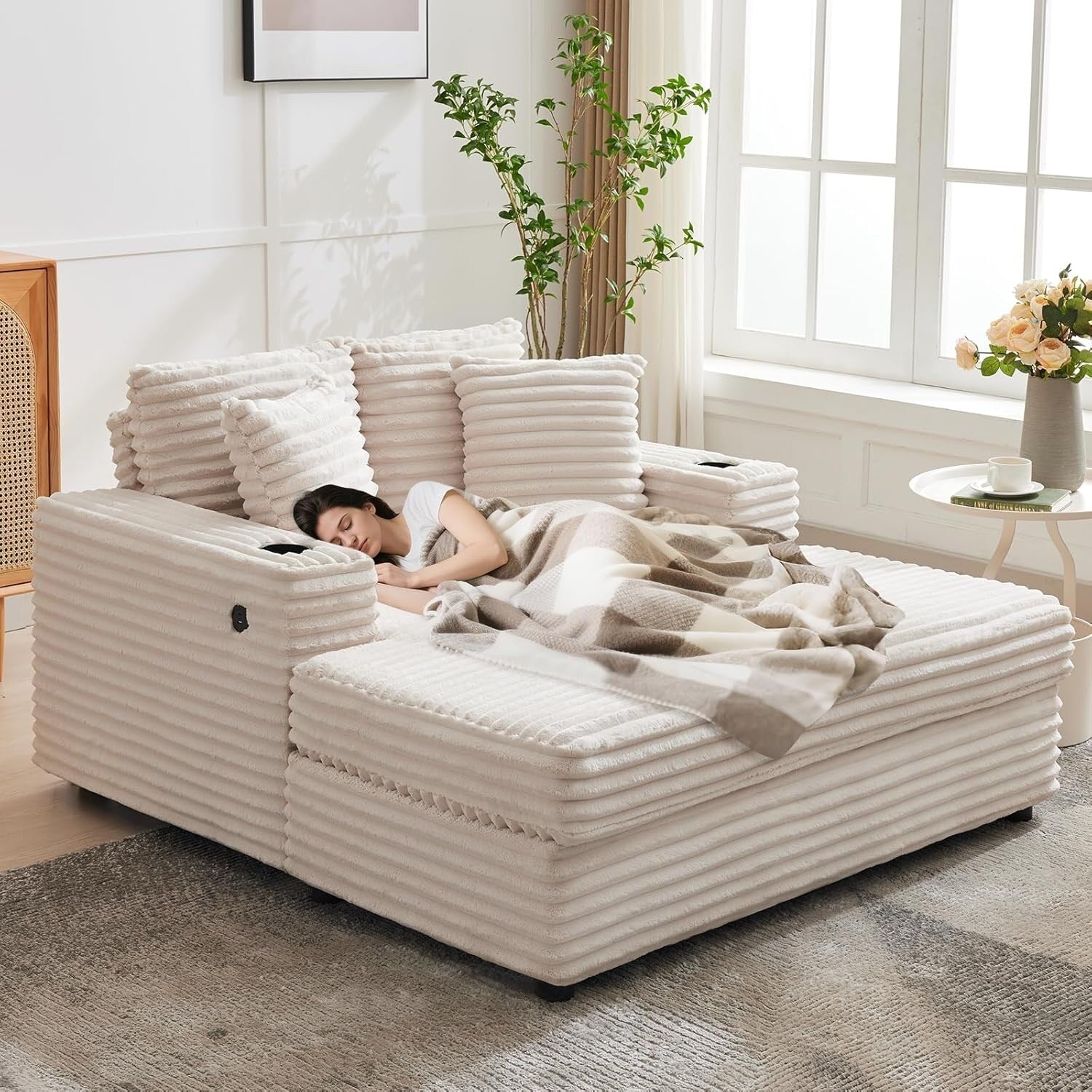 Canapé-lit rembourré de 137 cm avec coussins et accoudoirs, fauteuil de salon surdimensionné confortable en velours côtelé pour intérieur.