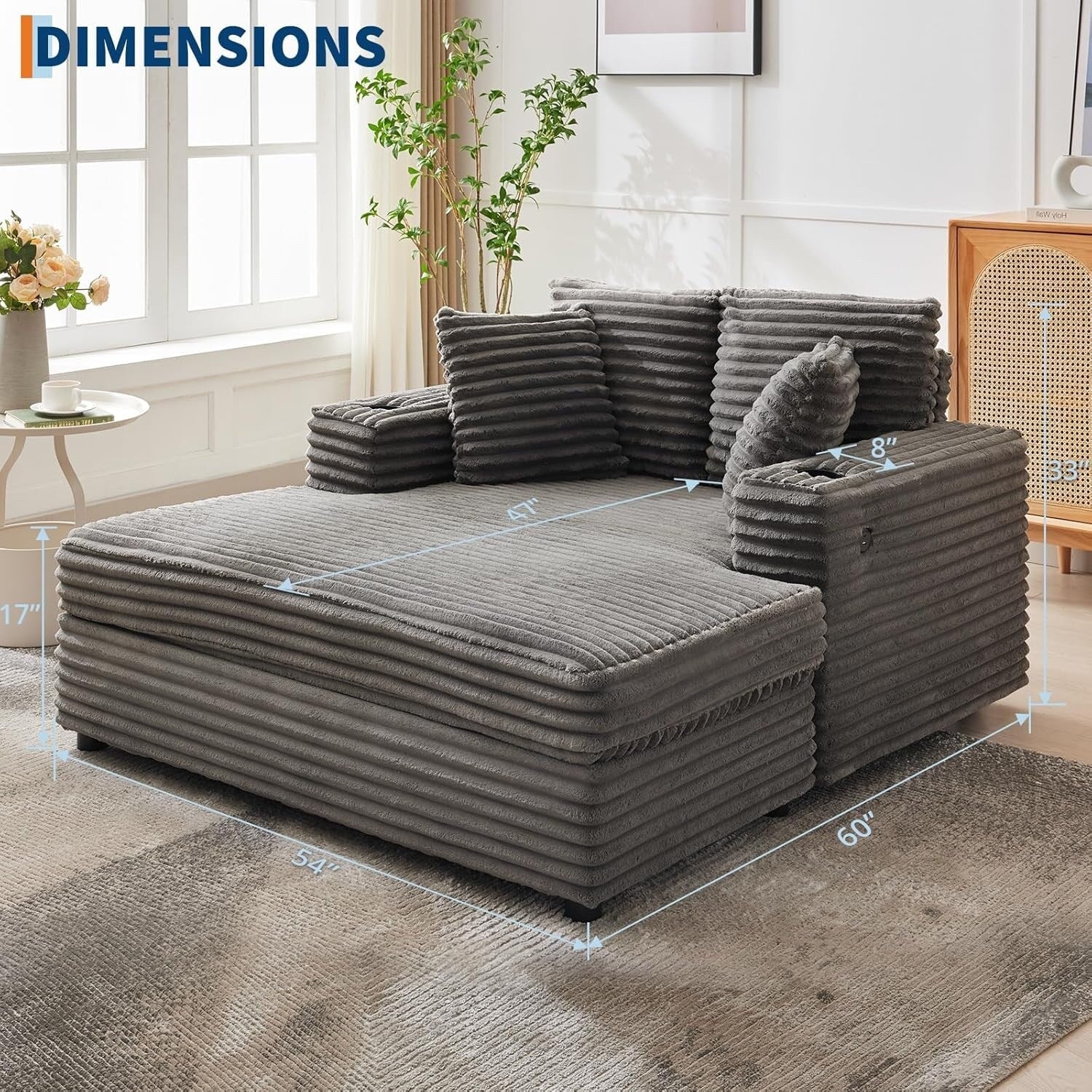 Canapé-lit rembourré de 137 cm avec coussins et accoudoirs, fauteuil de salon surdimensionné confortable en velours côtelé pour intérieur.