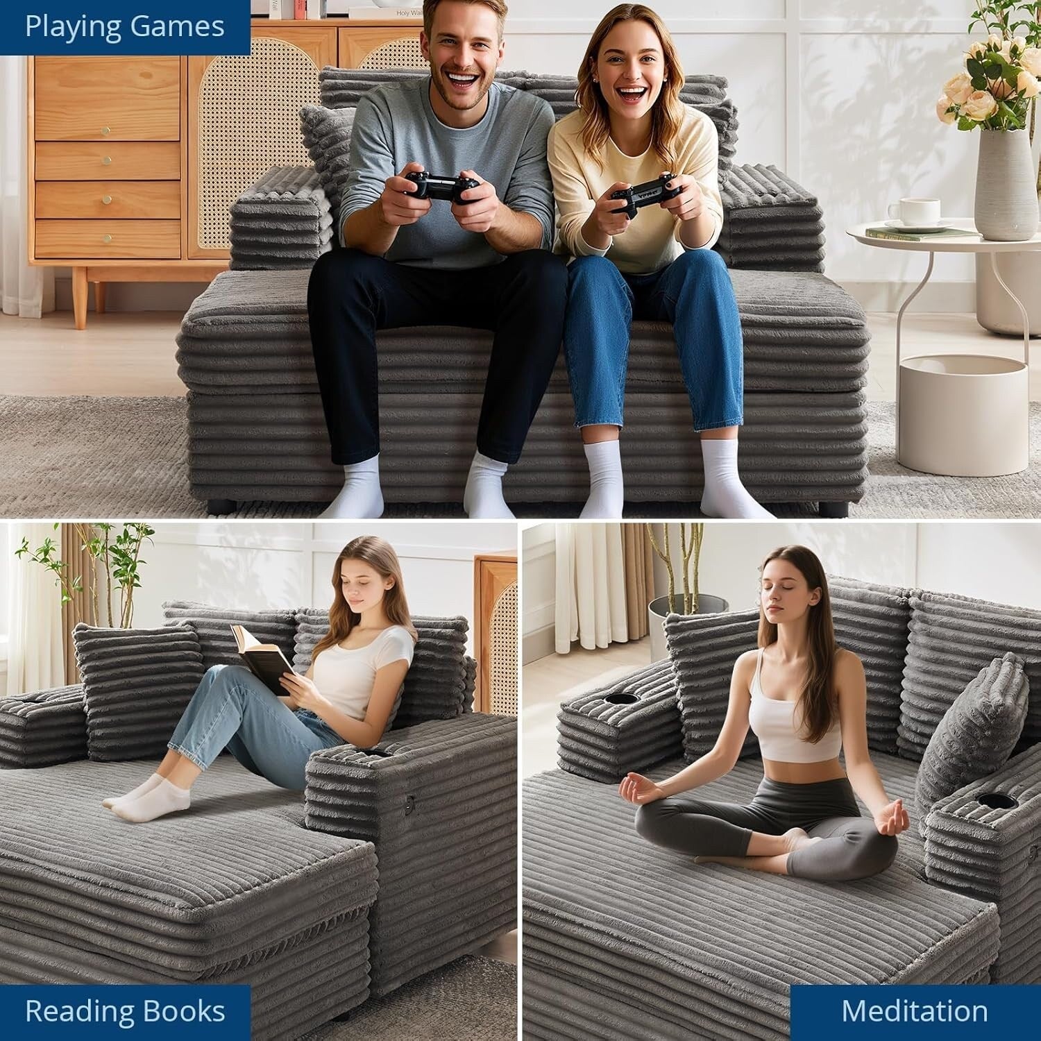 Canapé-lit rembourré de 137 cm avec coussins et accoudoirs, fauteuil de salon surdimensionné confortable en velours côtelé pour intérieur.