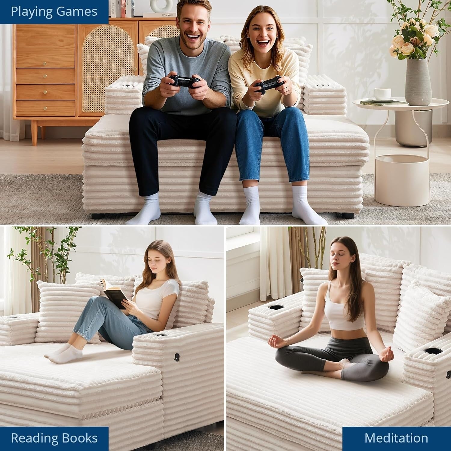 Canapé-lit rembourré de 137 cm avec coussins et accoudoirs, fauteuil de salon surdimensionné confortable en velours côtelé pour intérieur.
