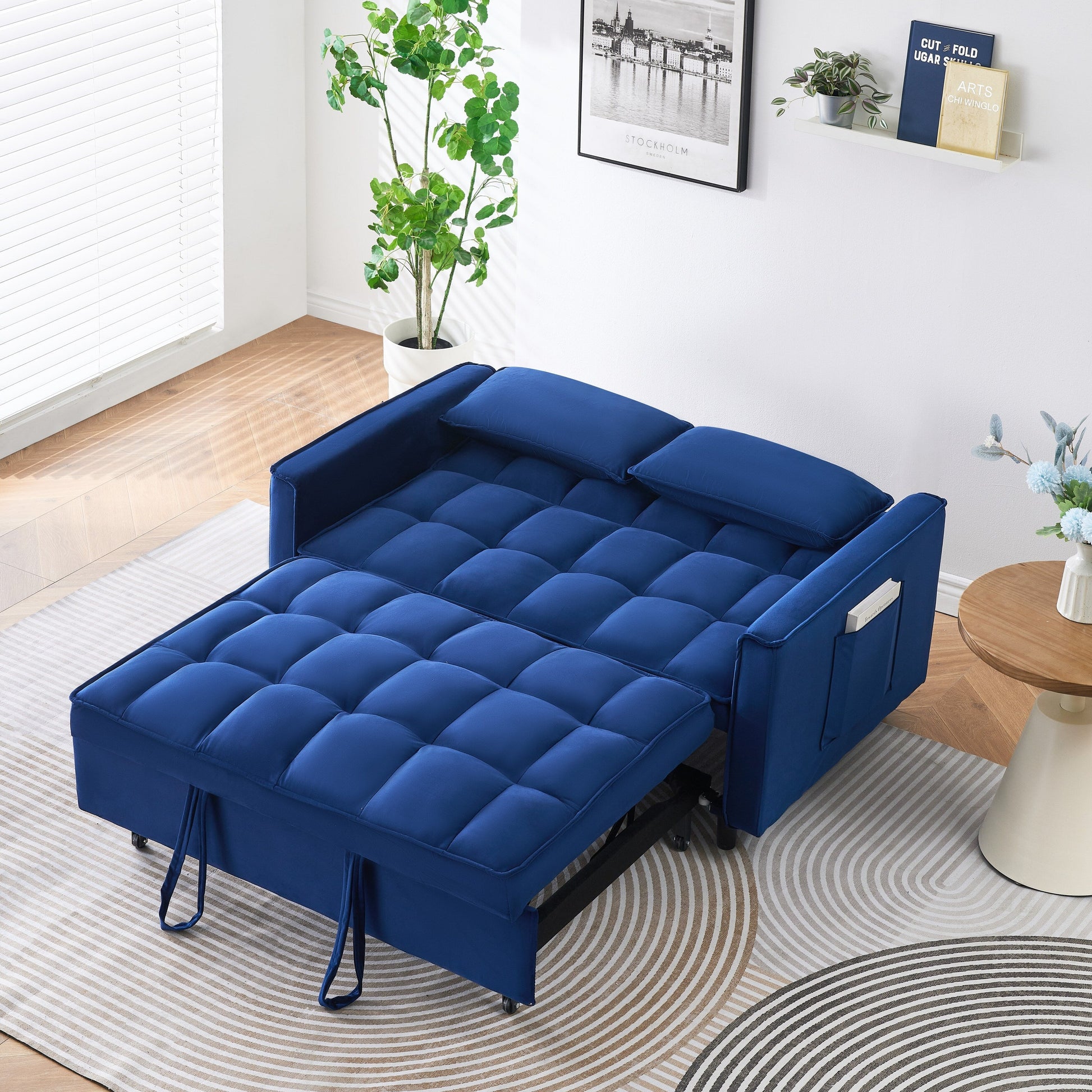 Canapé convertible 3-en-1 en velours bleu de 55 pouces avec poches
