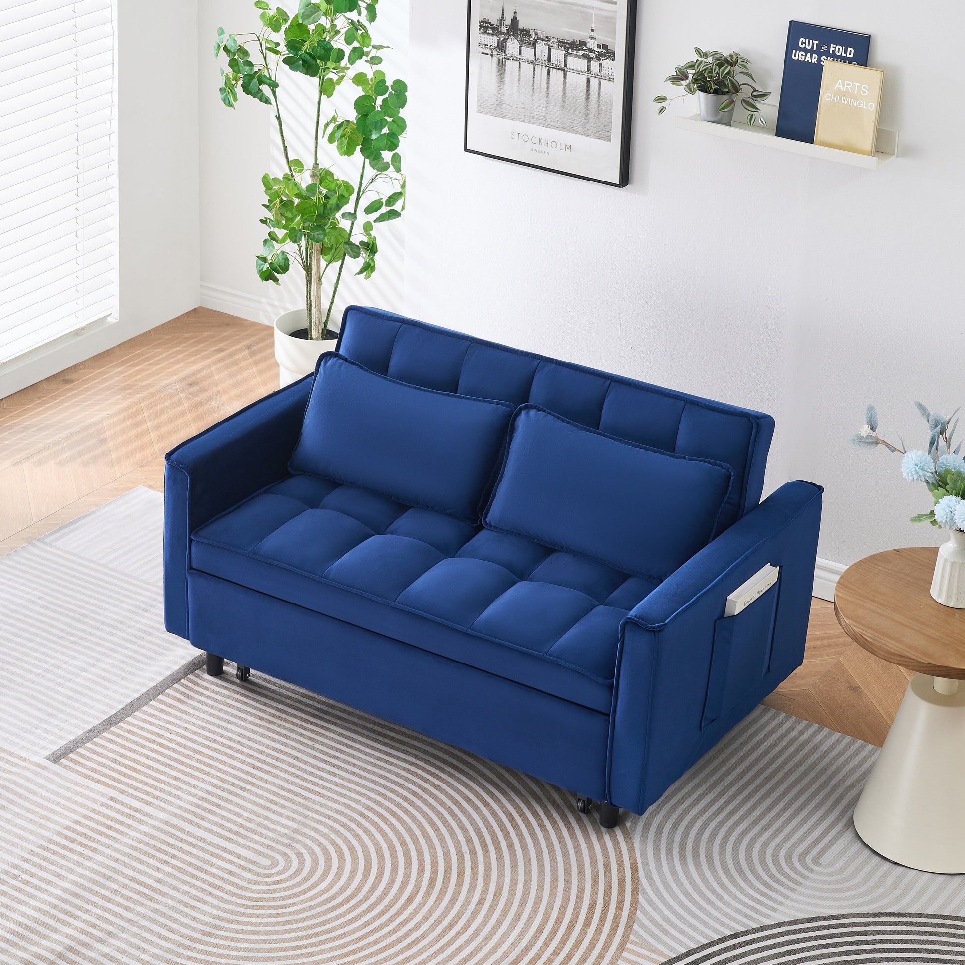 Canapé convertible 3-en-1 en velours bleu de 55 pouces avec poches