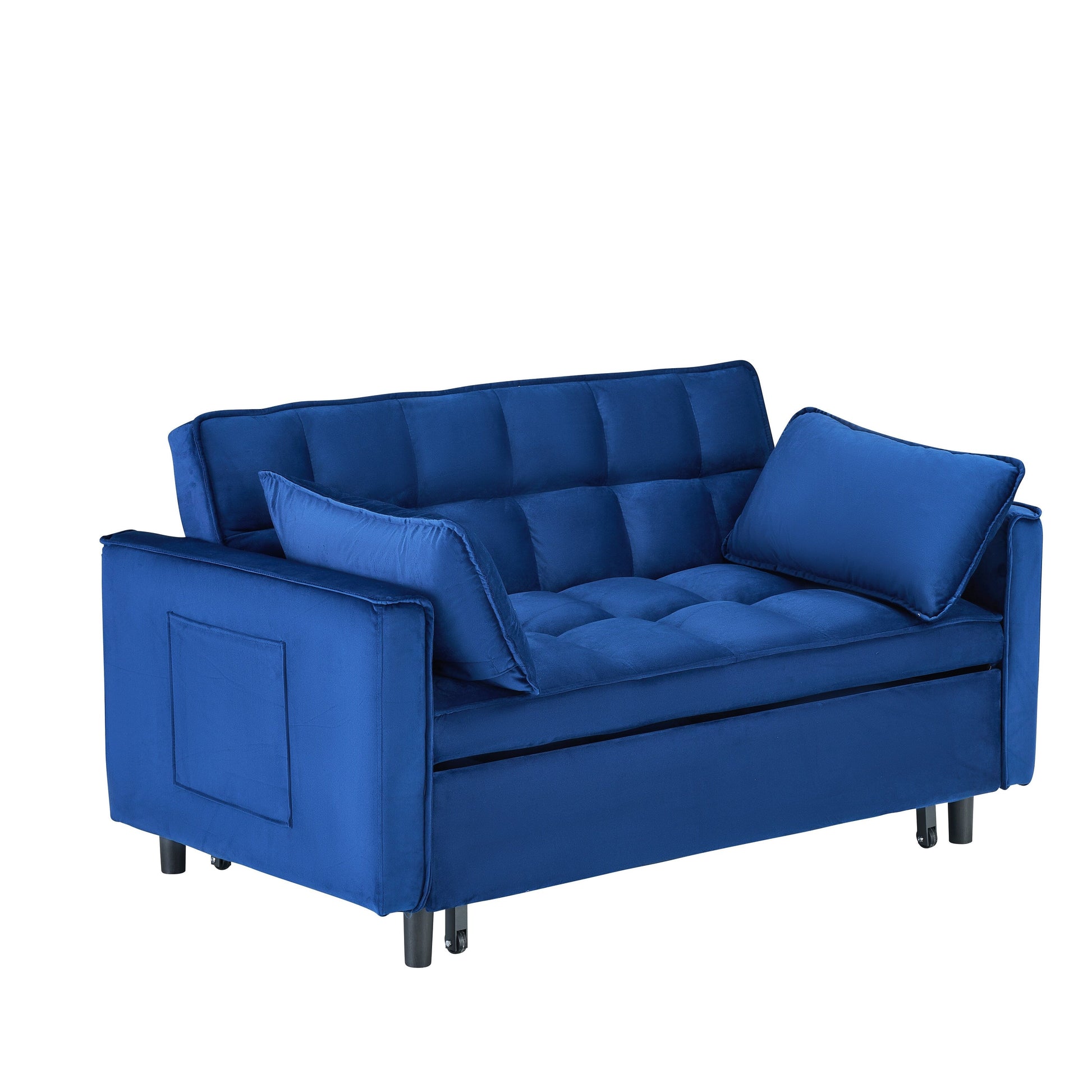 Canapé convertible 3-en-1 en velours bleu de 55 pouces avec poches