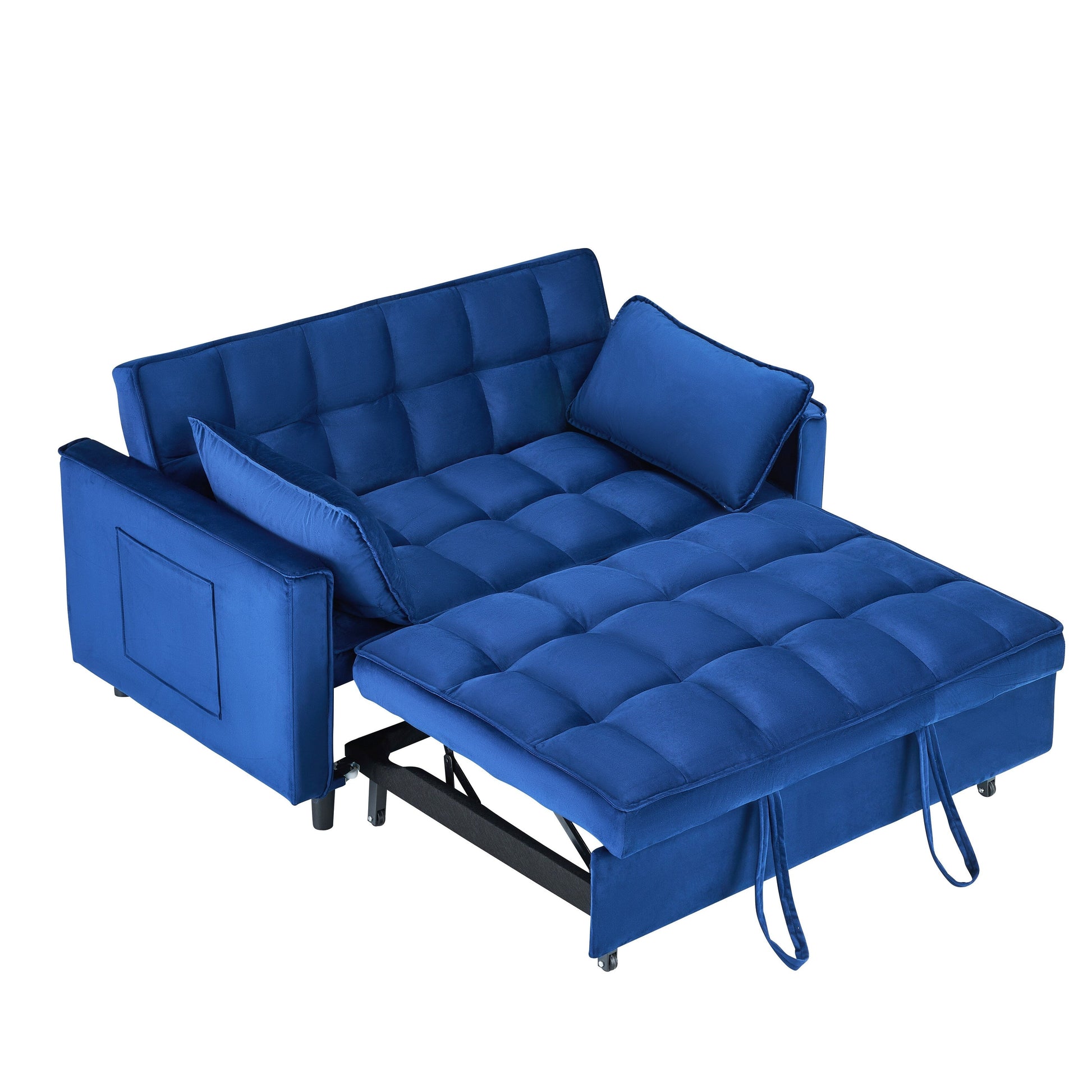 Canapé convertible 3-en-1 en velours bleu de 55 pouces avec poches