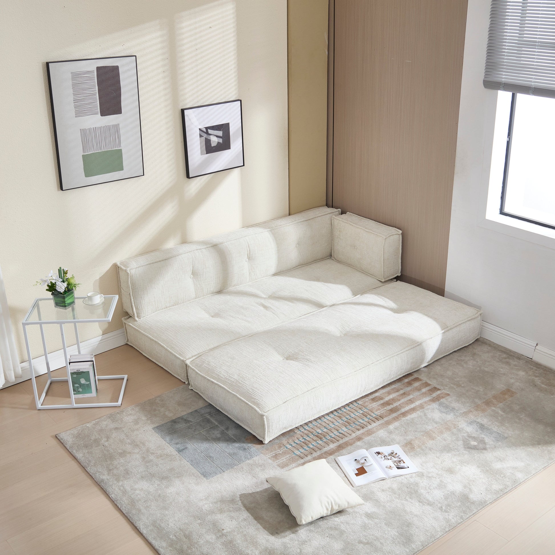 Canapé convertible 3-en-1 en velours bleu de 55 pouces avec poches