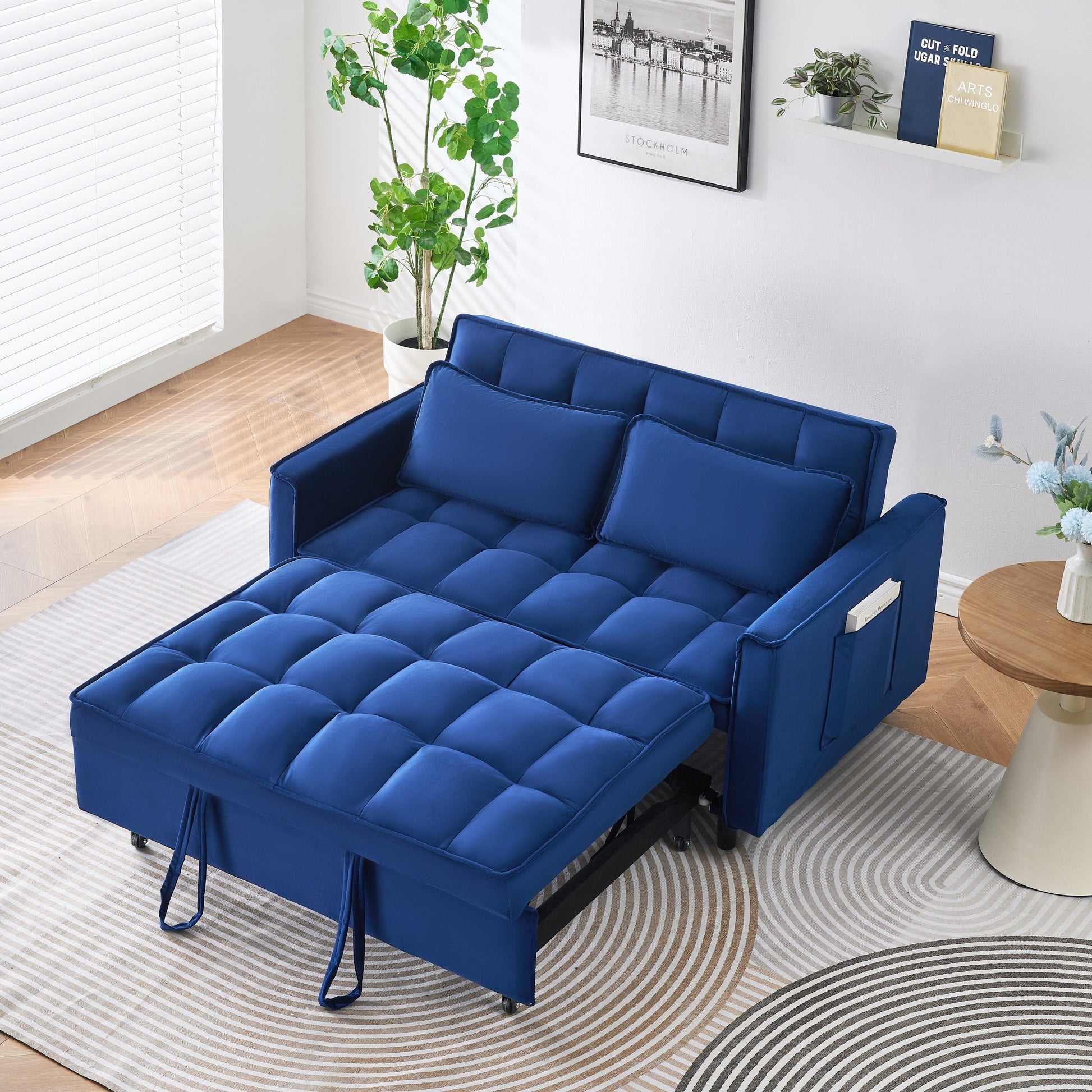 Canapé convertible 3-en-1 en velours bleu de 55 pouces avec poches