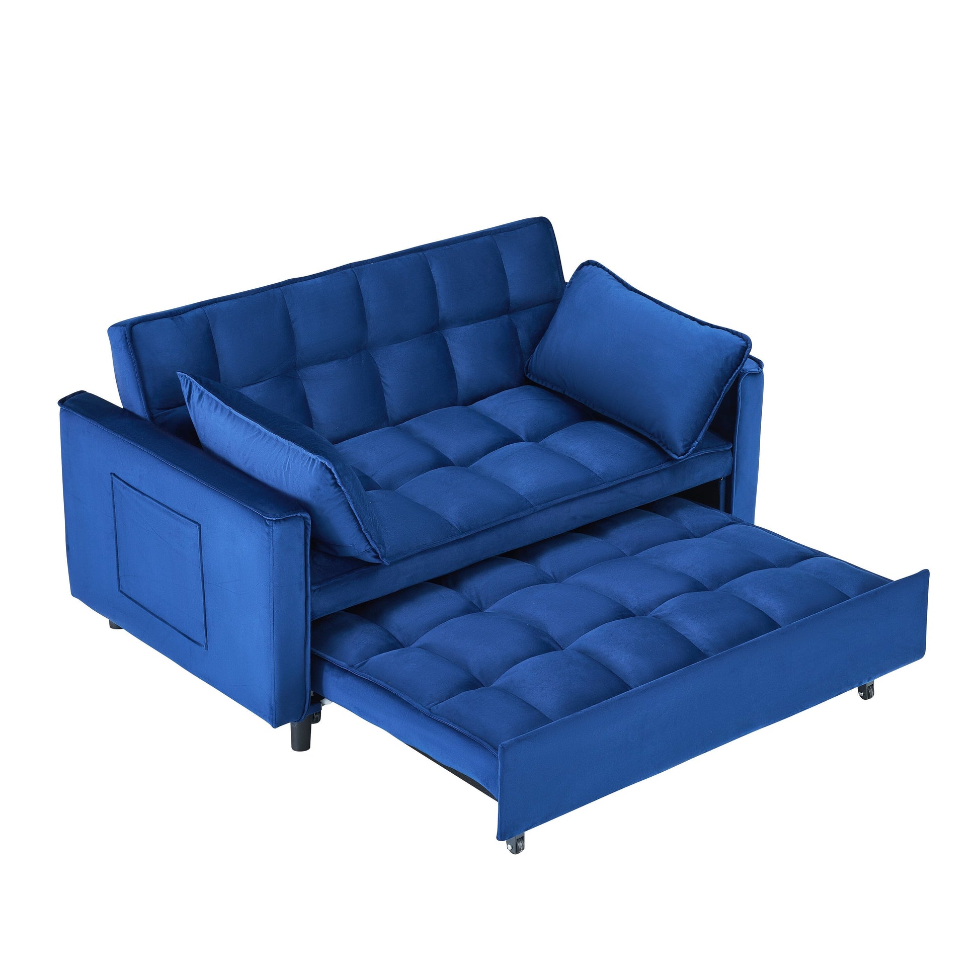 Canapé convertible 3-en-1 en velours bleu de 55 pouces avec poches