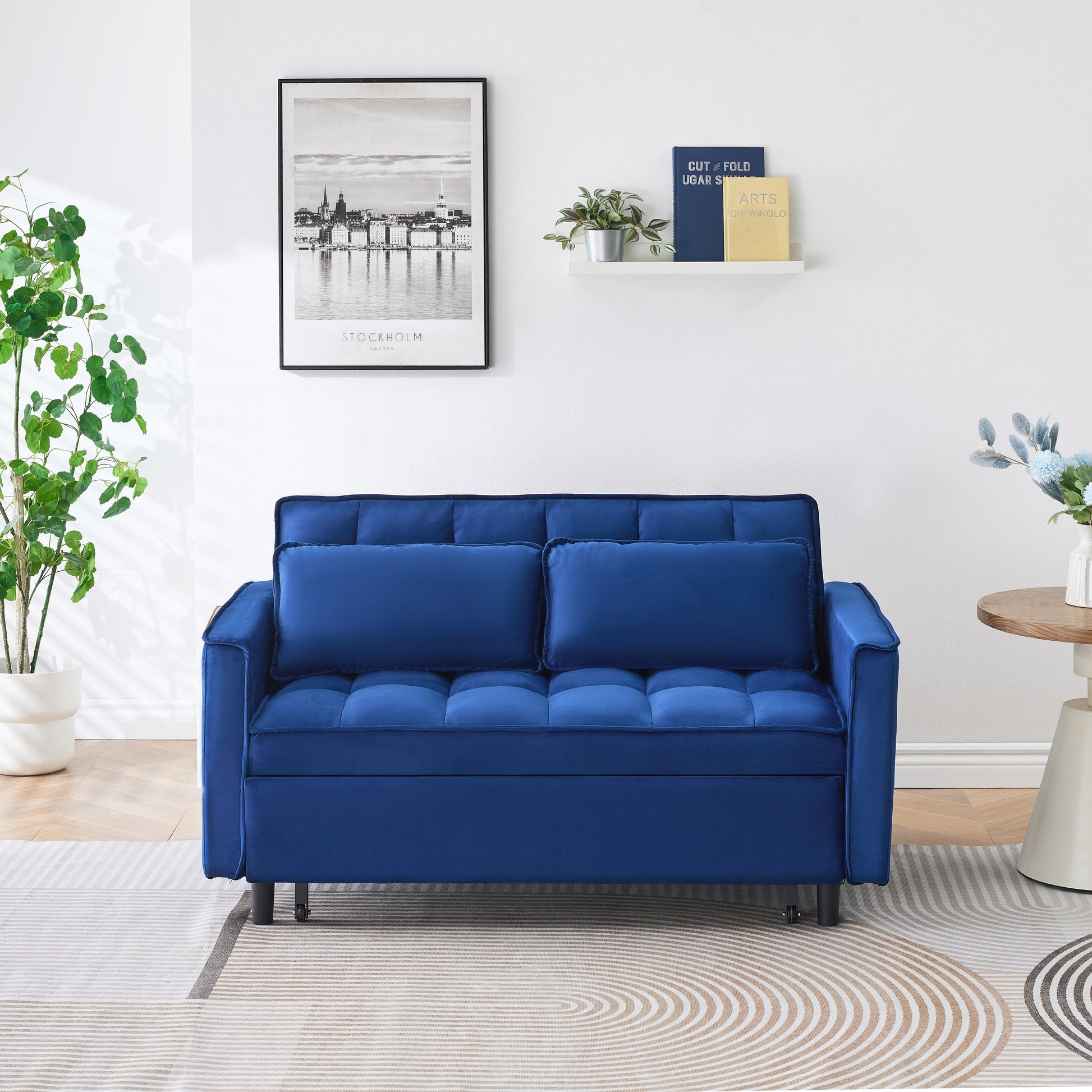 Canapé convertible 3-en-1 en velours bleu de 55 pouces avec poches