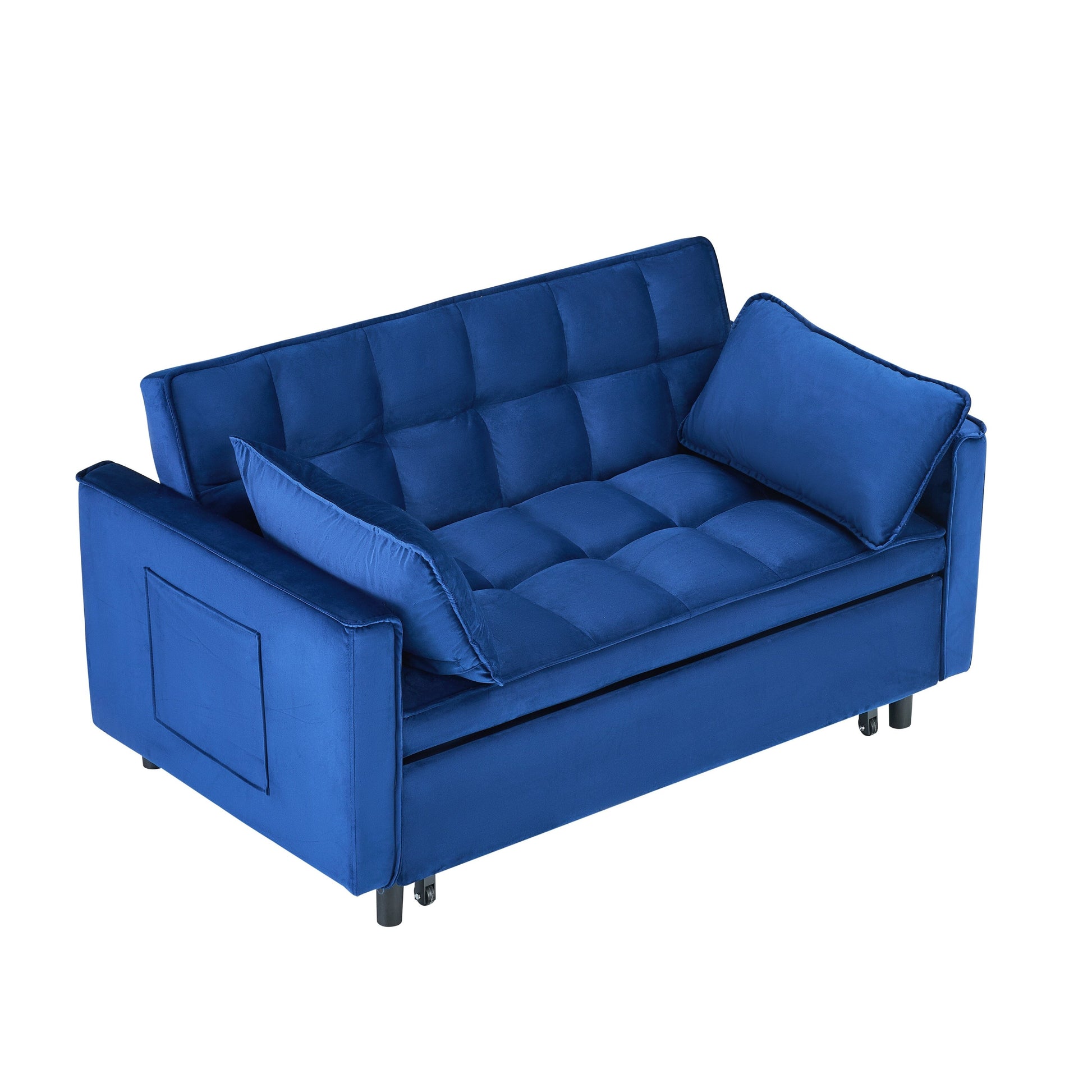 Canapé convertible 3-en-1 en velours bleu de 55 pouces avec poches