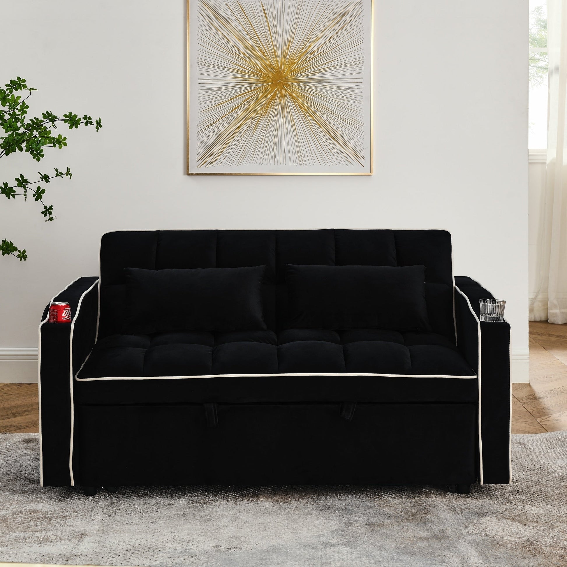 Canapé-lit 2 places en velours 55.51 avec dossier réglable, port USB, cendrier, support de téléphone pivotant et 2 coussins