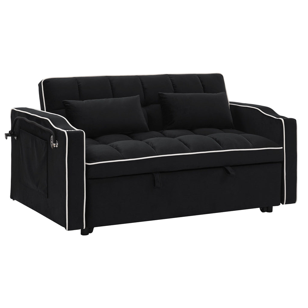 Canapé-lit 2 places en velours 55.51 avec dossier réglable, port USB, cendrier, support de téléphone pivotant et 2 coussins