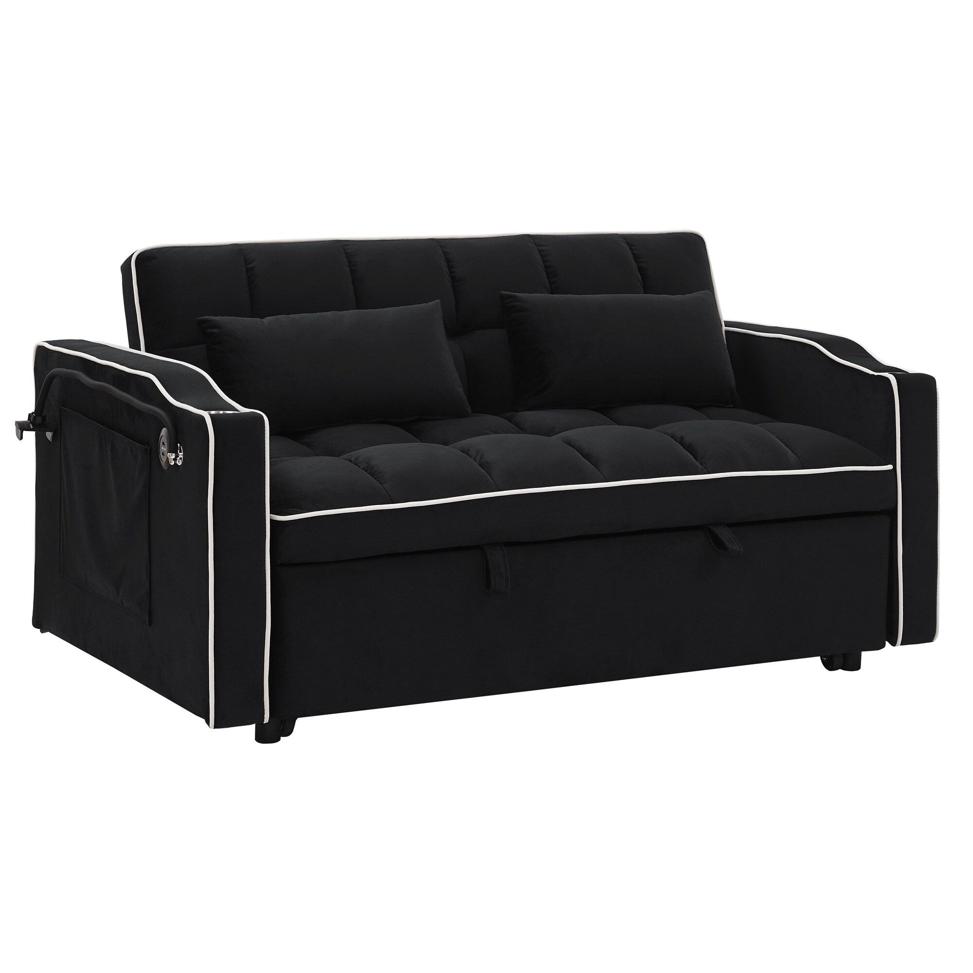 Canapé-lit 2 places en velours 55.51 avec dossier réglable, port USB, cendrier, support de téléphone pivotant et 2 coussins