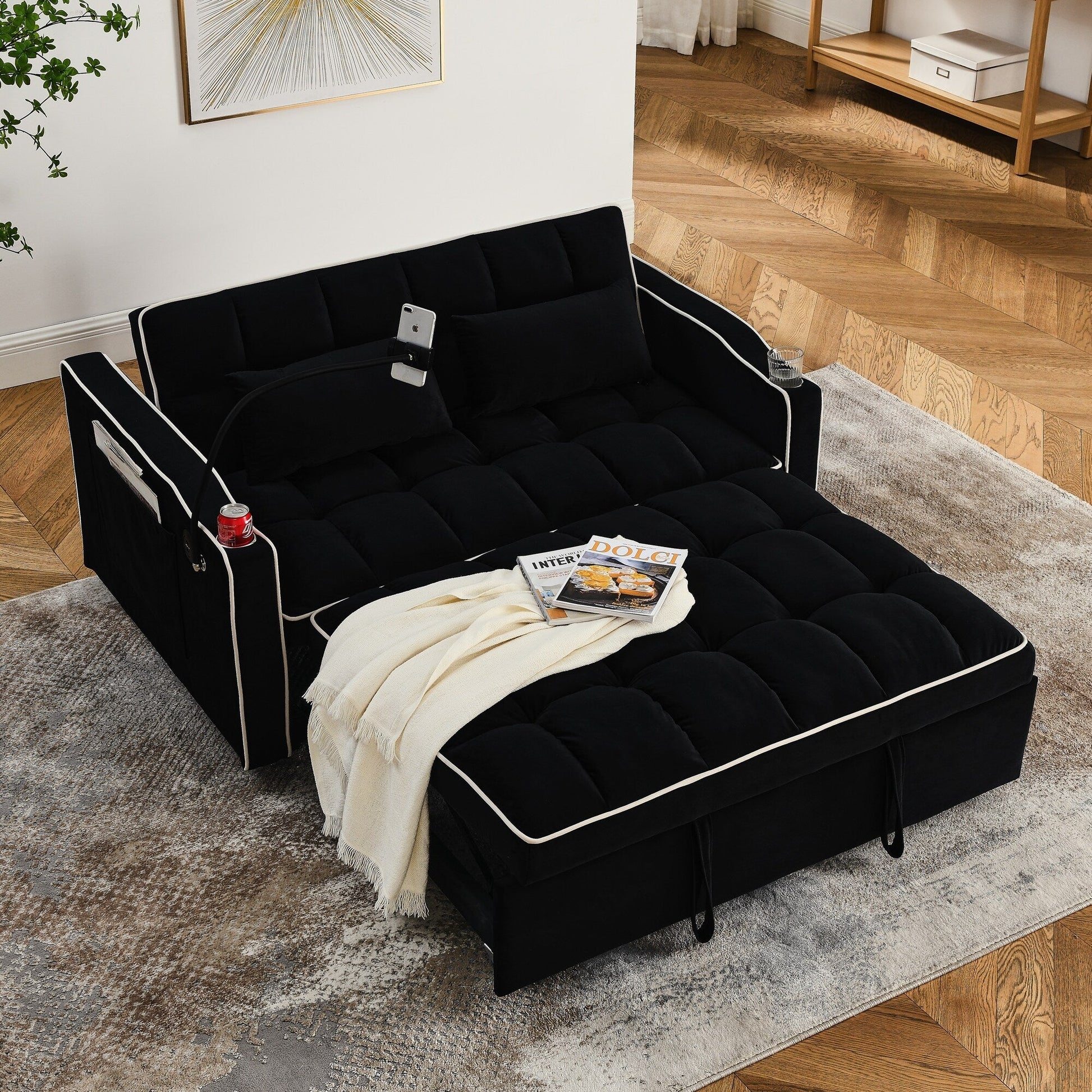 Canapé-lit 2 places en velours 55.51 avec dossier réglable, port USB, cendrier, support de téléphone pivotant et 2 coussins