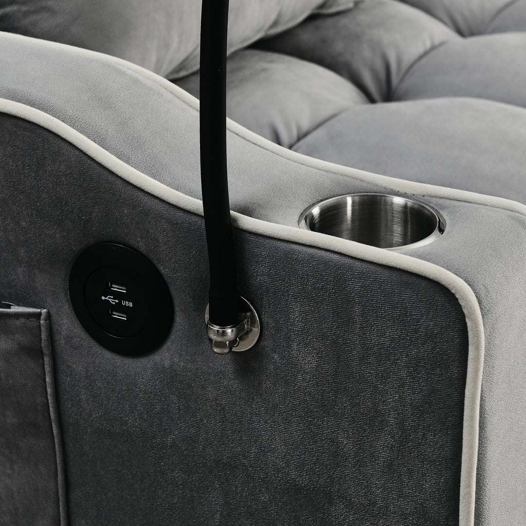 Canapé-lit 2 places en velours 55.51 avec dossier réglable, port USB, cendrier, support de téléphone pivotant et 2 coussins