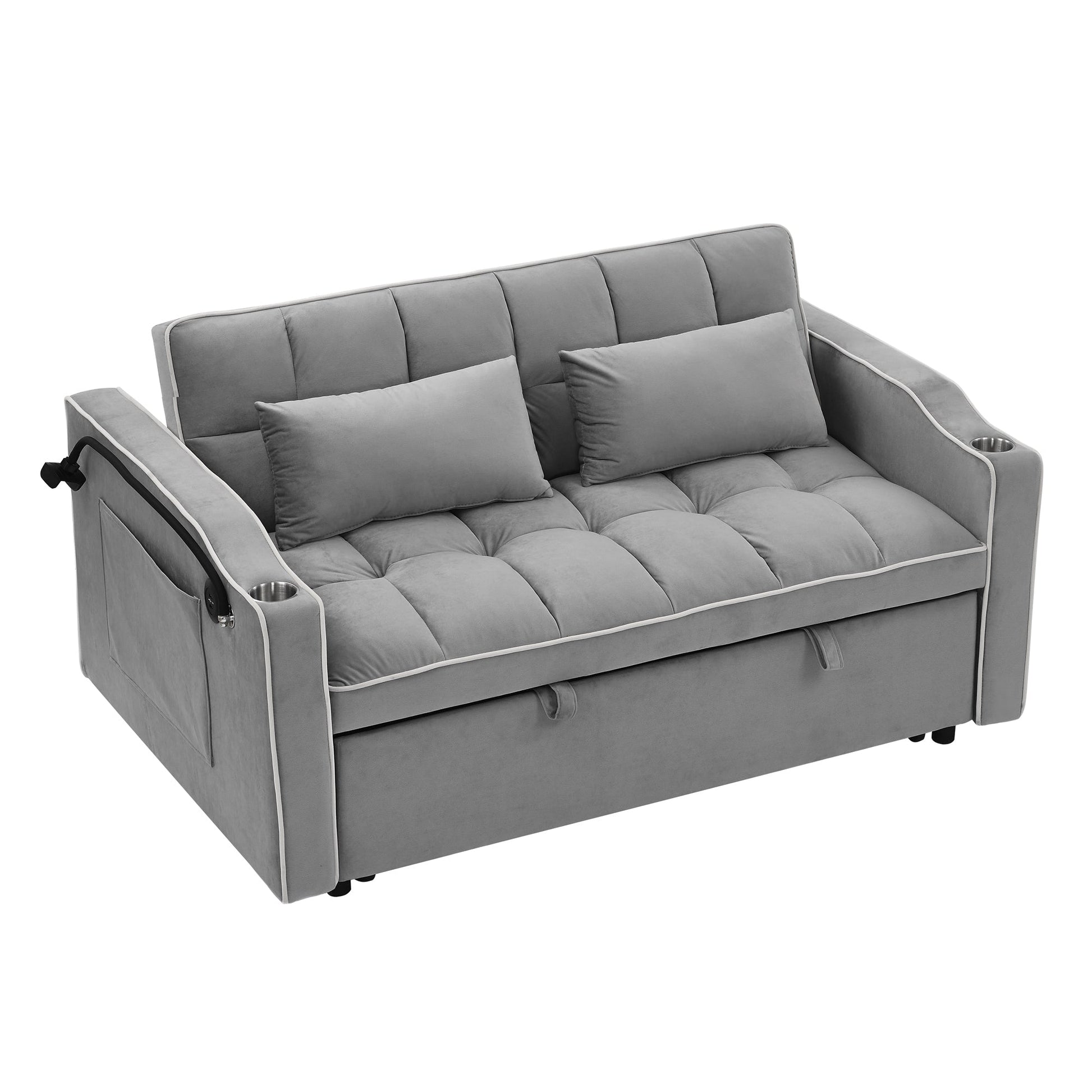 Canapé-lit 2 places en velours 55.51 avec dossier réglable, port USB, cendrier, support de téléphone pivotant et 2 coussins
