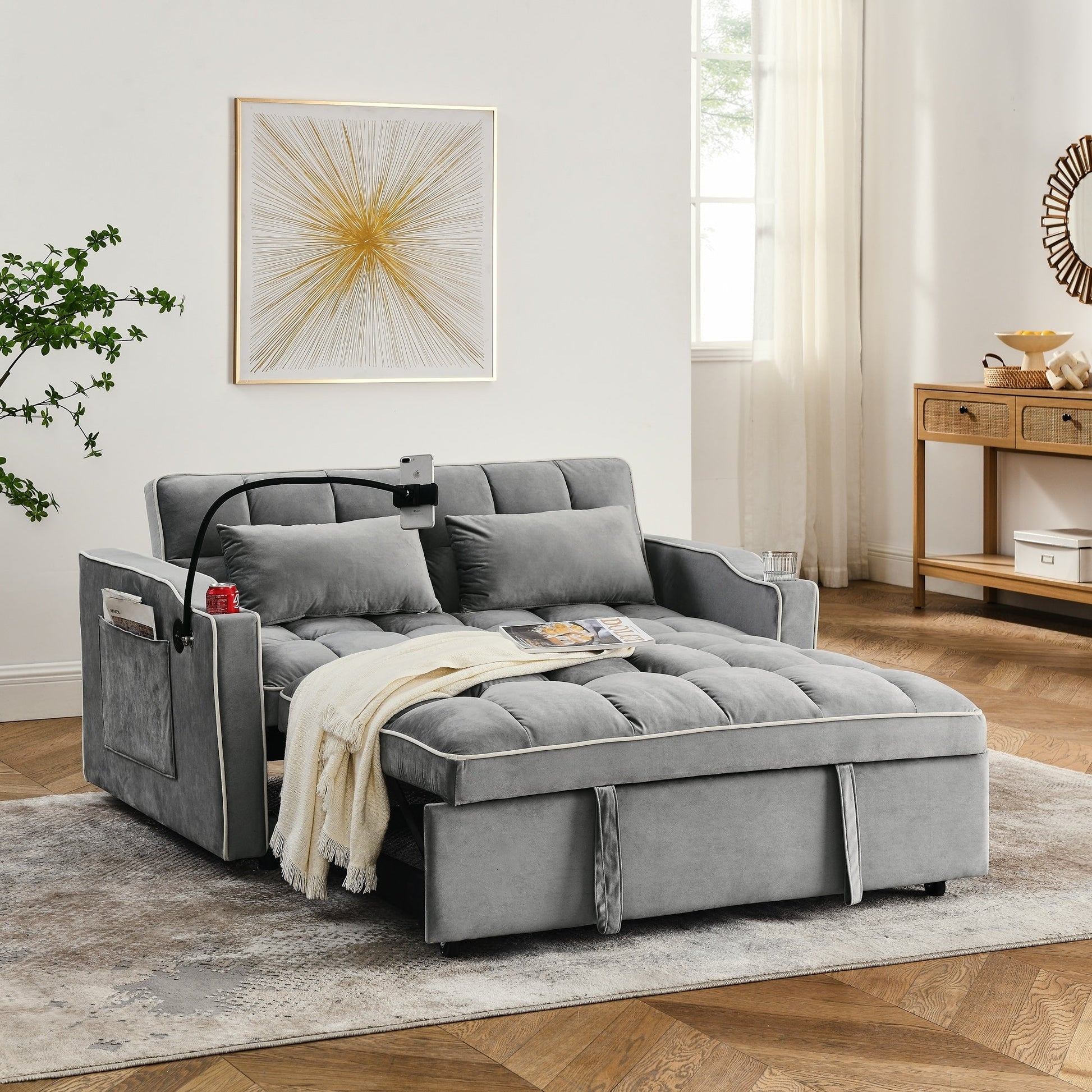 Canapé-lit 2 places en velours 55.51 avec dossier réglable, port USB, cendrier, support de téléphone pivotant et 2 coussins