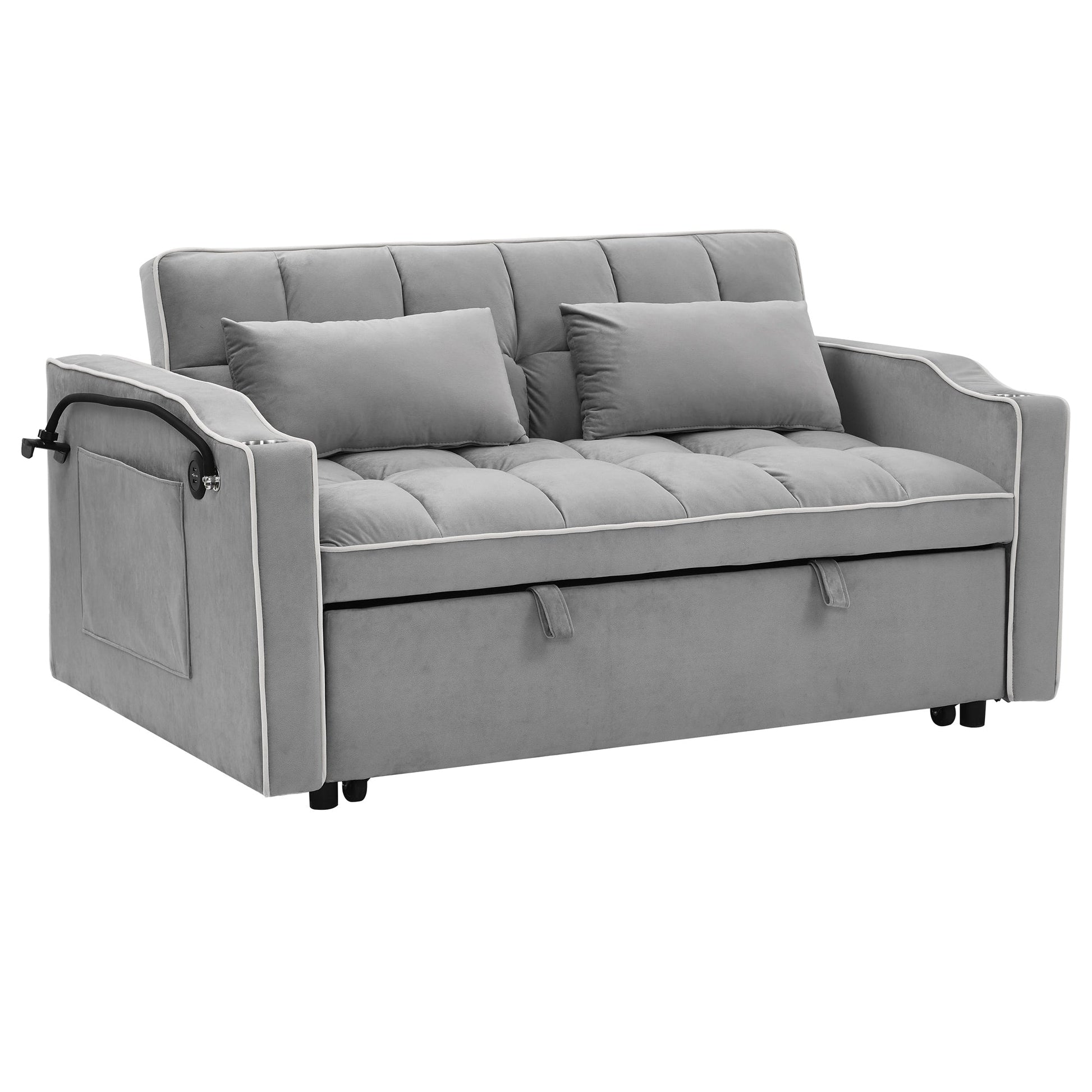 Canapé-lit 2 places en velours 55.51 avec dossier réglable, port USB, cendrier, support de téléphone pivotant et 2 coussins