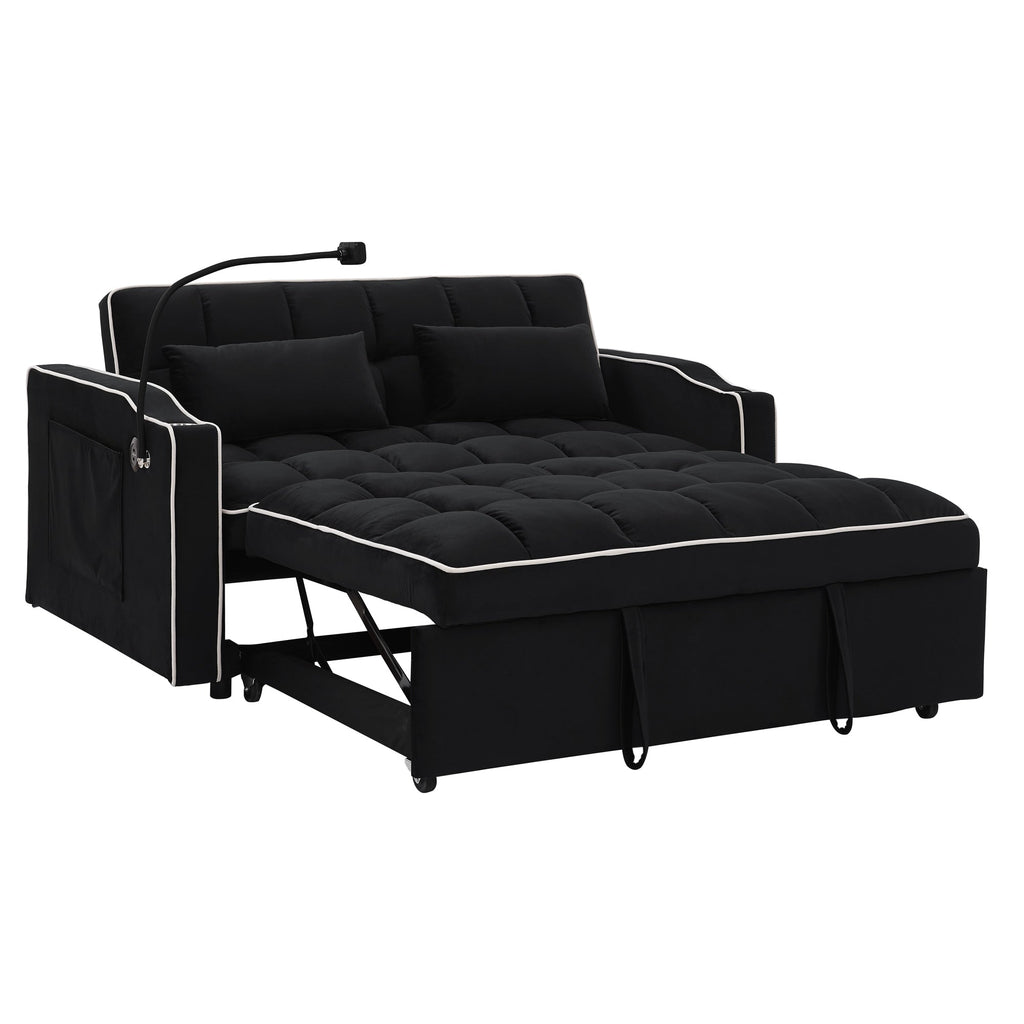 Canapé-lit 2 places en velours 55.51 avec dossier réglable, port USB, cendrier, support de téléphone pivotant et 2 coussins