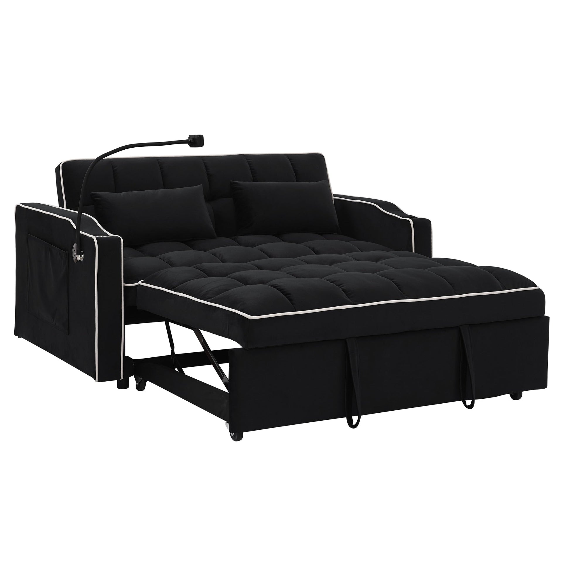 Canapé-lit 2 places en velours 55.51 avec dossier réglable, port USB, cendrier, support de téléphone pivotant et 2 coussins