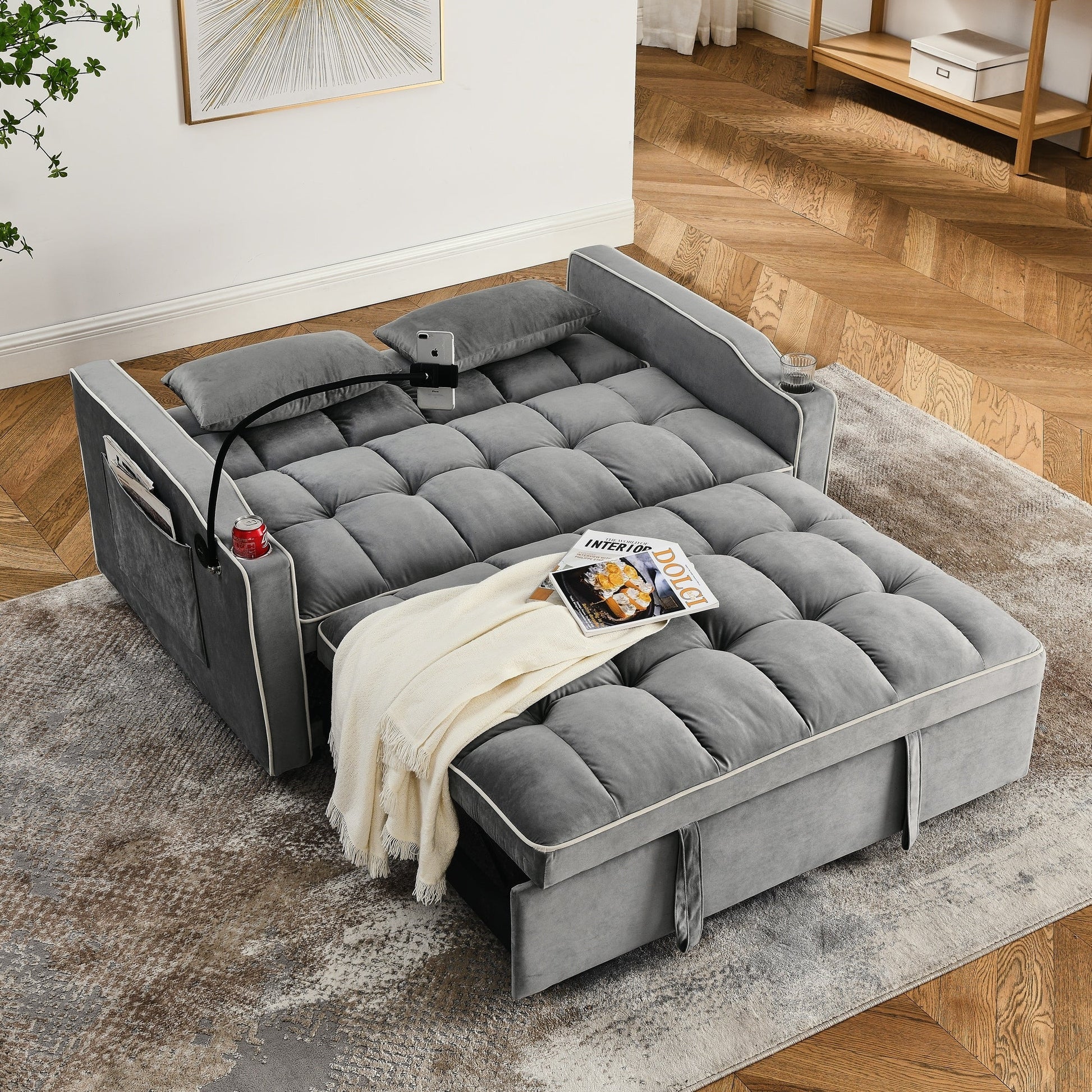 Canapé-lit 2 places en velours 55.51 avec dossier réglable, port USB, cendrier, support de téléphone pivotant et 2 coussins
