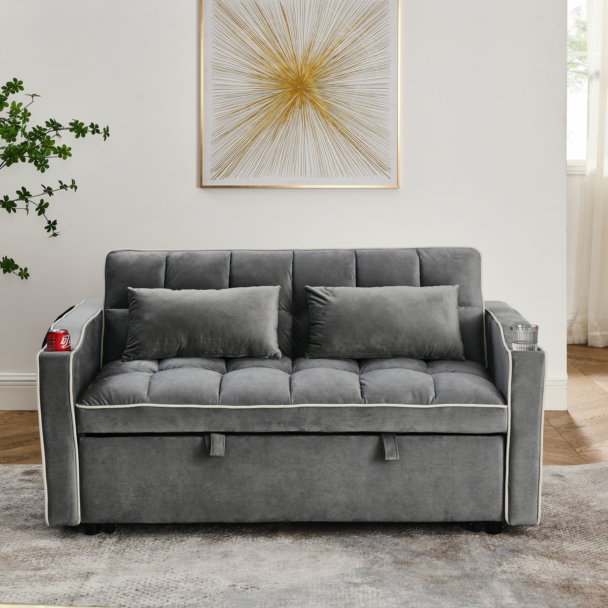 Canapé-lit 2 places en velours 55.51 avec dossier réglable, port USB, cendrier, support de téléphone pivotant et 2 coussins