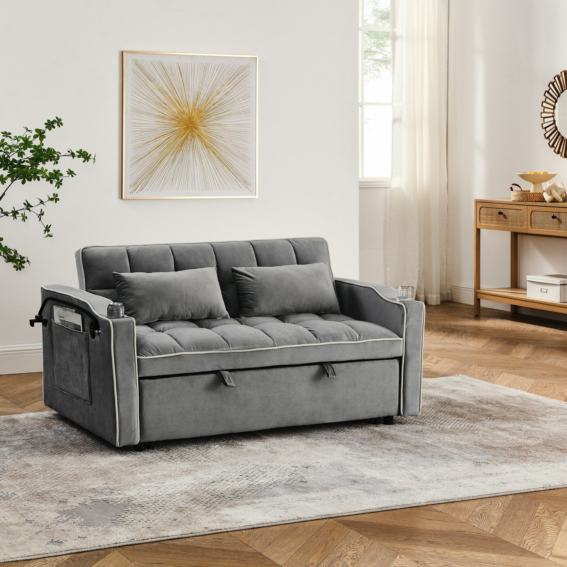 Canapé-lit 2 places en velours 55.51 avec dossier réglable, port USB, cendrier, support de téléphone pivotant et 2 coussins
