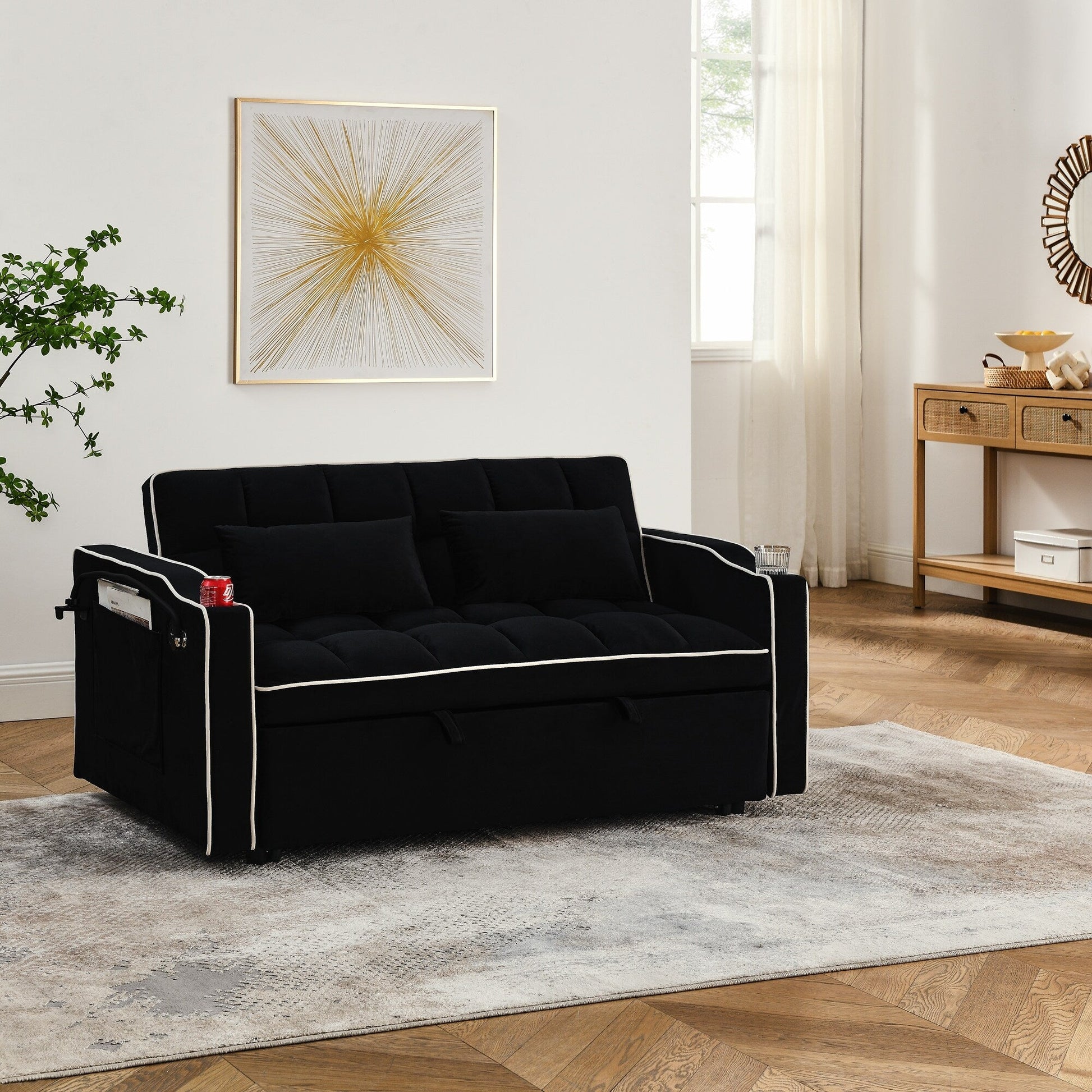 Canapé-lit 2 places en velours 55.51 avec dossier réglable, port USB, cendrier, support de téléphone pivotant et 2 coussins